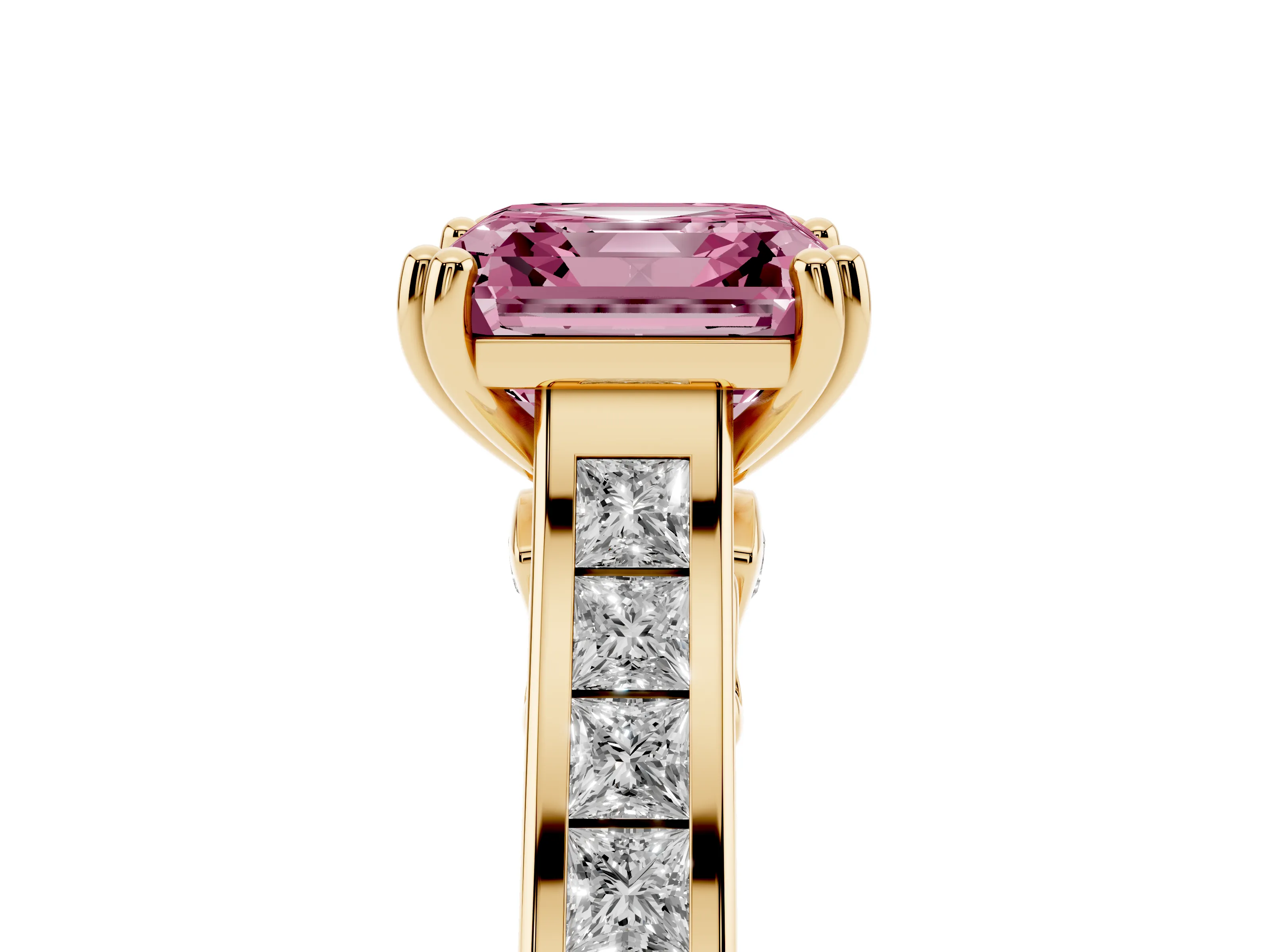 Fancy Pink Asscher Cut Diamond Channel Set Solitaire Engagement Ring Set in Yellow gold with Prong Setting