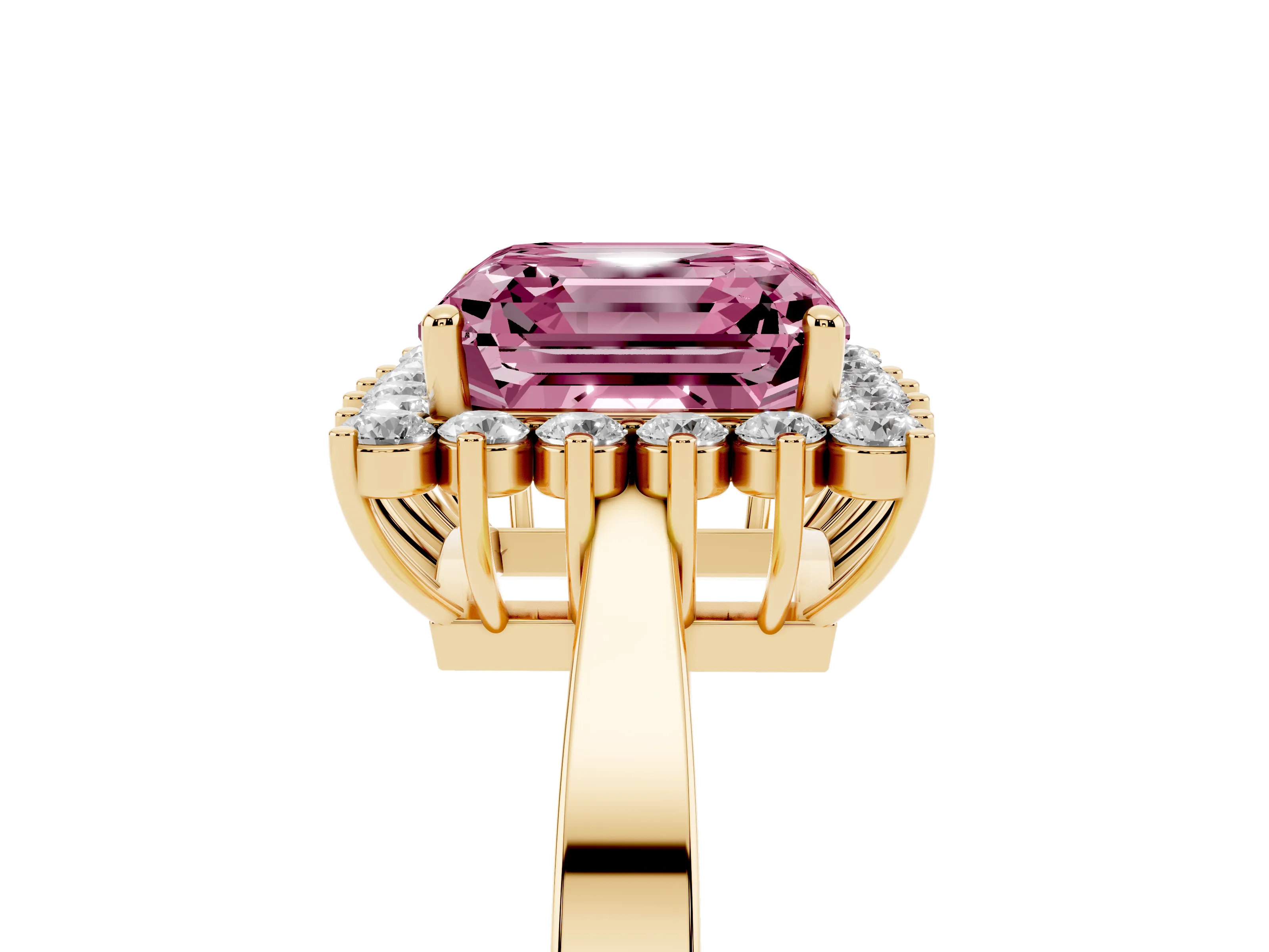 Fancy Pink Asscher Cut Diamond Halo Ring Set in Yellow gold with Round Halo and Smooth Solitaire Band
