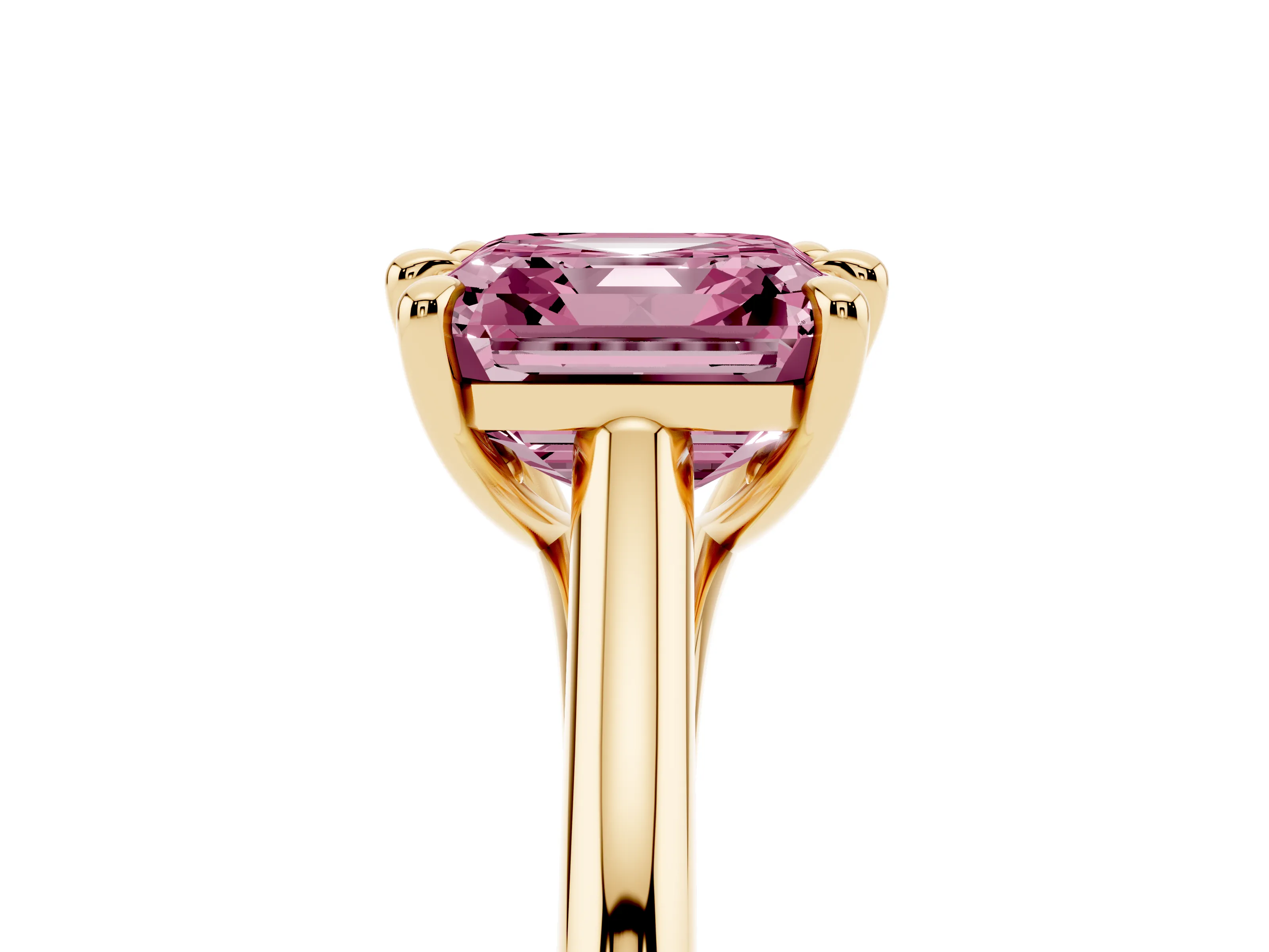 Fancy Pink Asscher Cut Diamond Solitaire Engagement Ring Set in Yellow gold with Prong Setting and Plain Classic Band