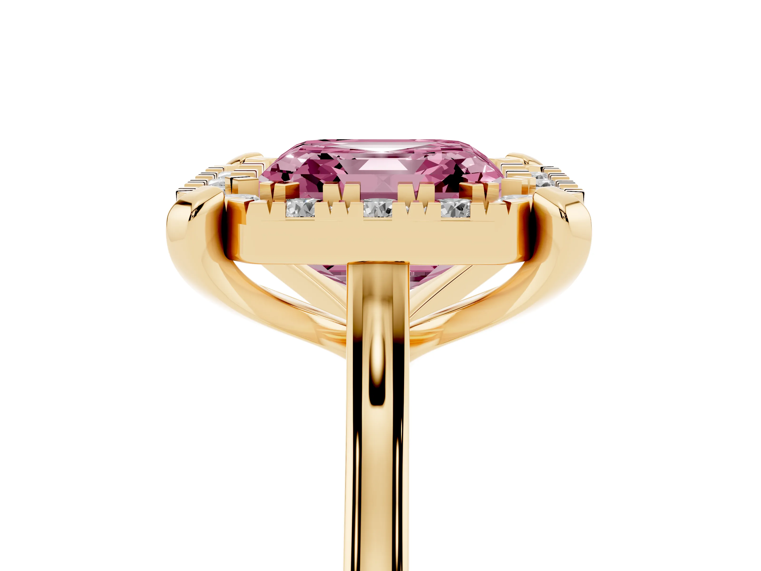 Fancy Pink Asscher Cut Diamond Cluster Halo Solitaire Ring Set in Yellow gold with Prong Setting