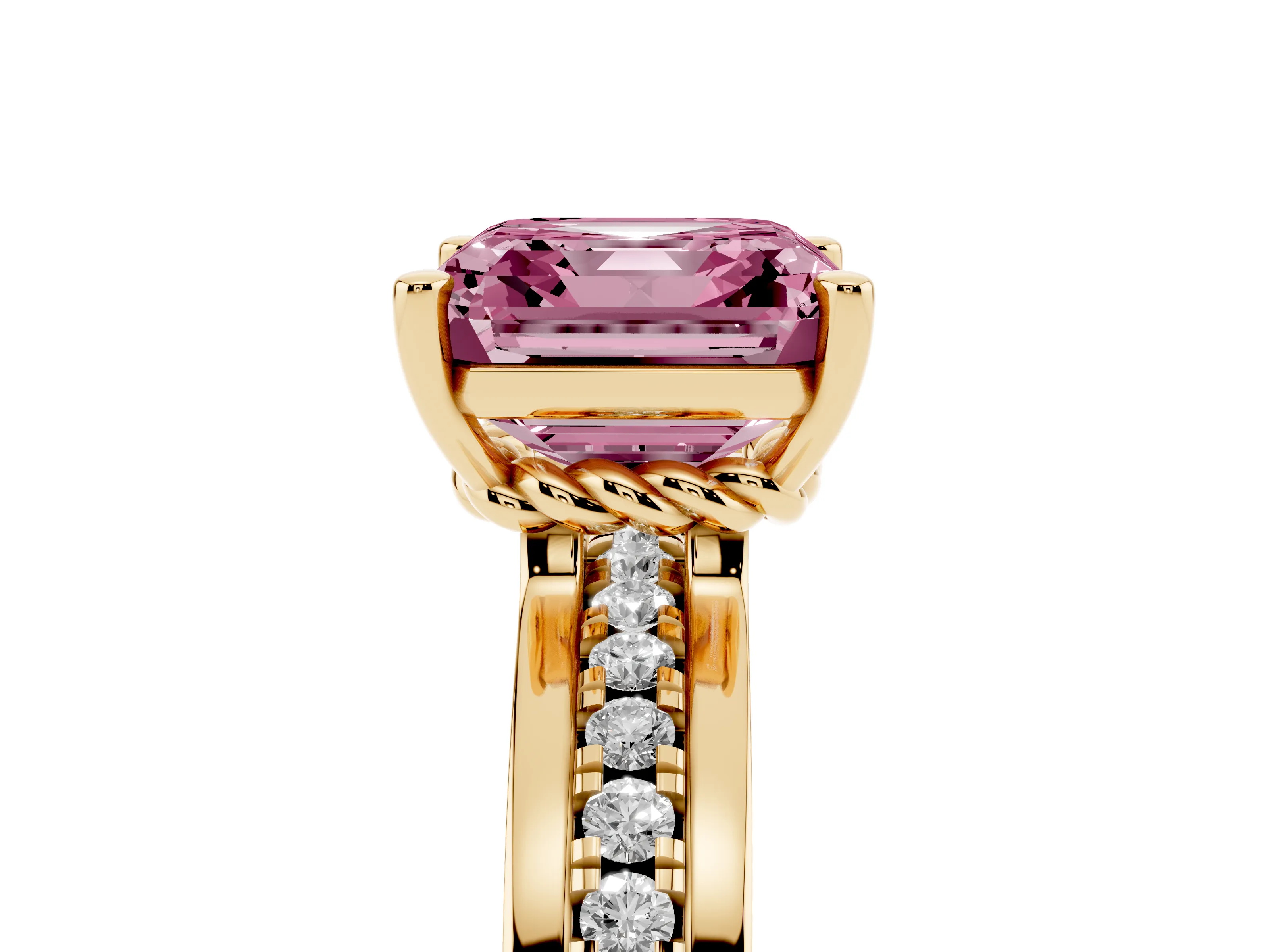 Fancy Pink Asscher Cut Diamond Solitaire Ring Set in Yellow gold with Channel Set Band and Prong Setting