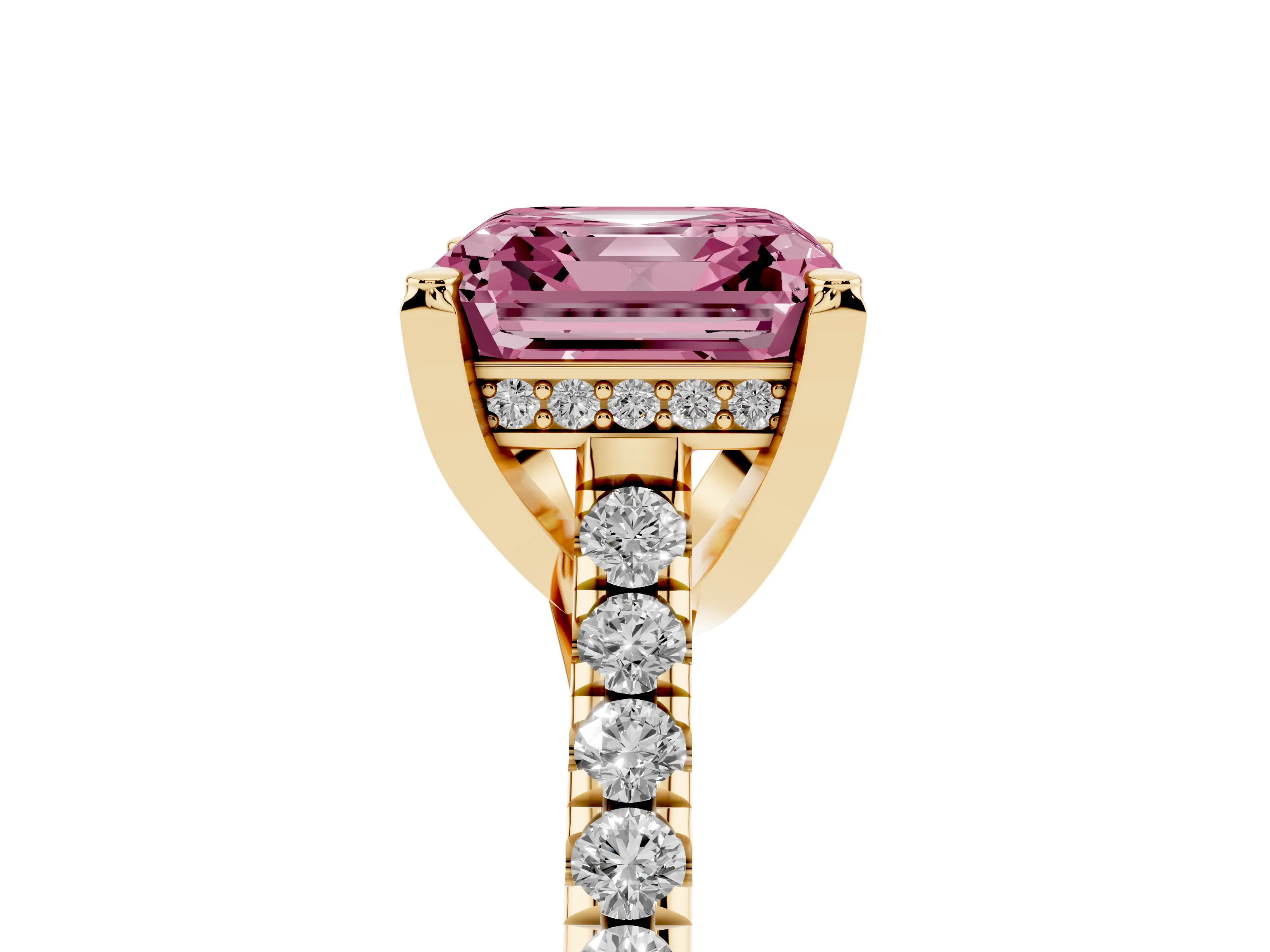 Fancy Pink Asscher Cut Diamond Solitaire Ring Set in Yellow gold with Brilliant Pavé Band and Prong Setting