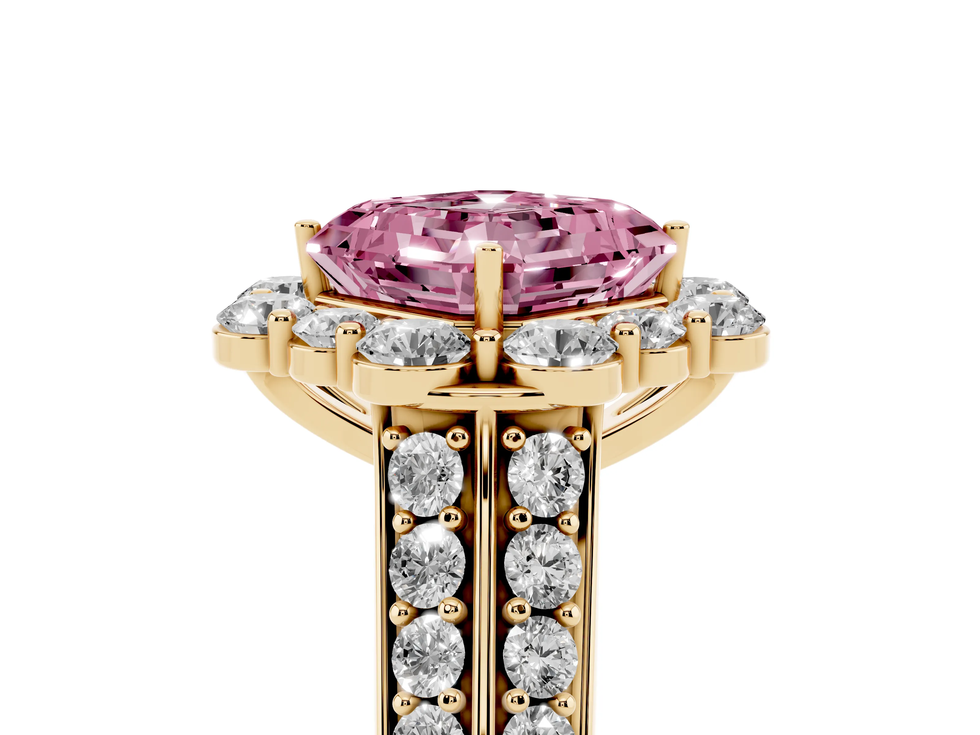 Fancy Pink Asscher Cut Diamond Halo Engagement Ring Set in Yellow gold with Split Shank and Prong Setting