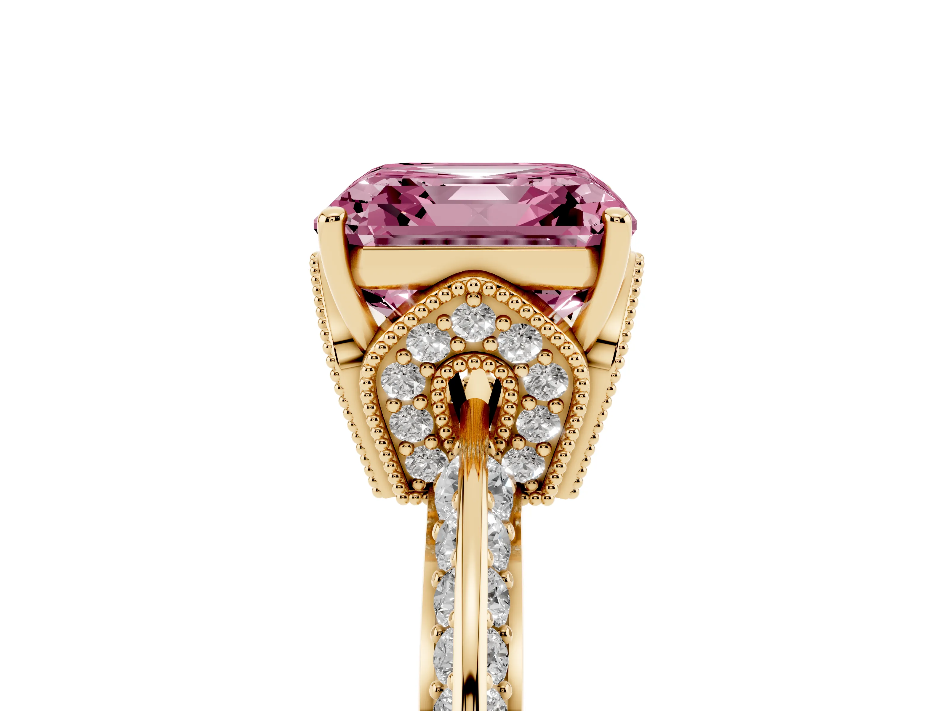 Fancy Pink Asscher Cut Diamond Solitaire Engagement Ring Set in Yellow gold with Pavé Split Shank and Prong Setting