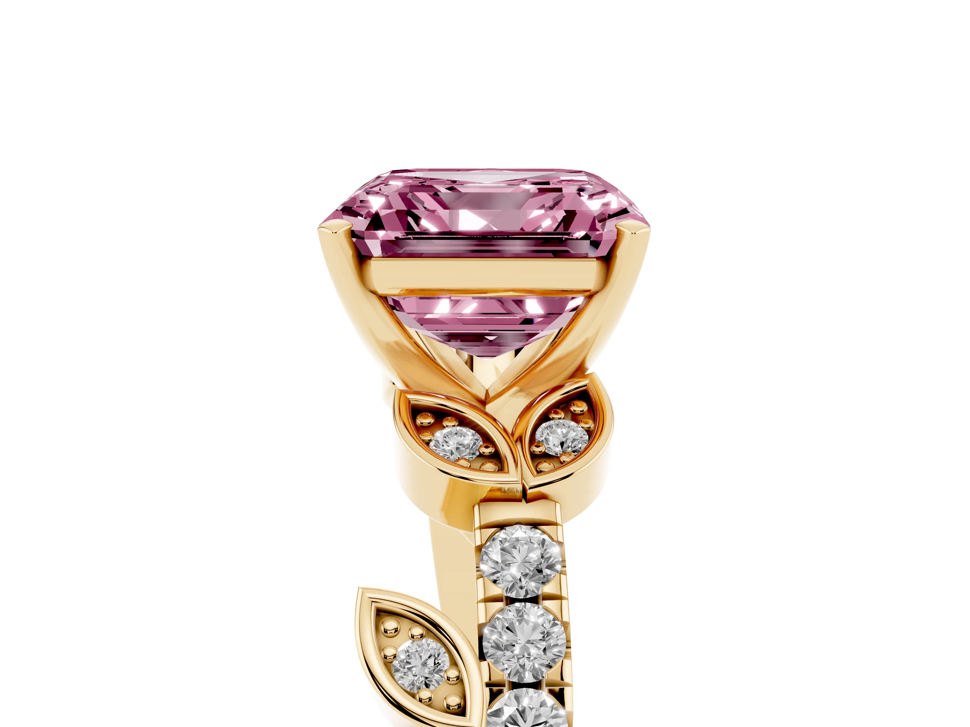 Fancy Pink Asscher Cut Diamond Solitaire Leaf-Inspired Ring Set in Yellow gold with Pavé Band and Prong Setting