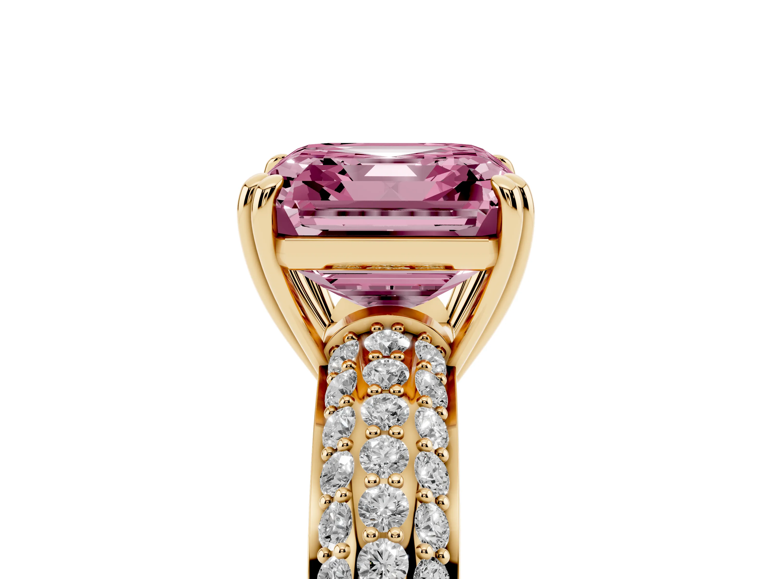 Fancy Pink Asscher Cut Diamond Solitaire Ring Set in Yellow gold with Multi-Row Round Pavé Band and Prong Setting