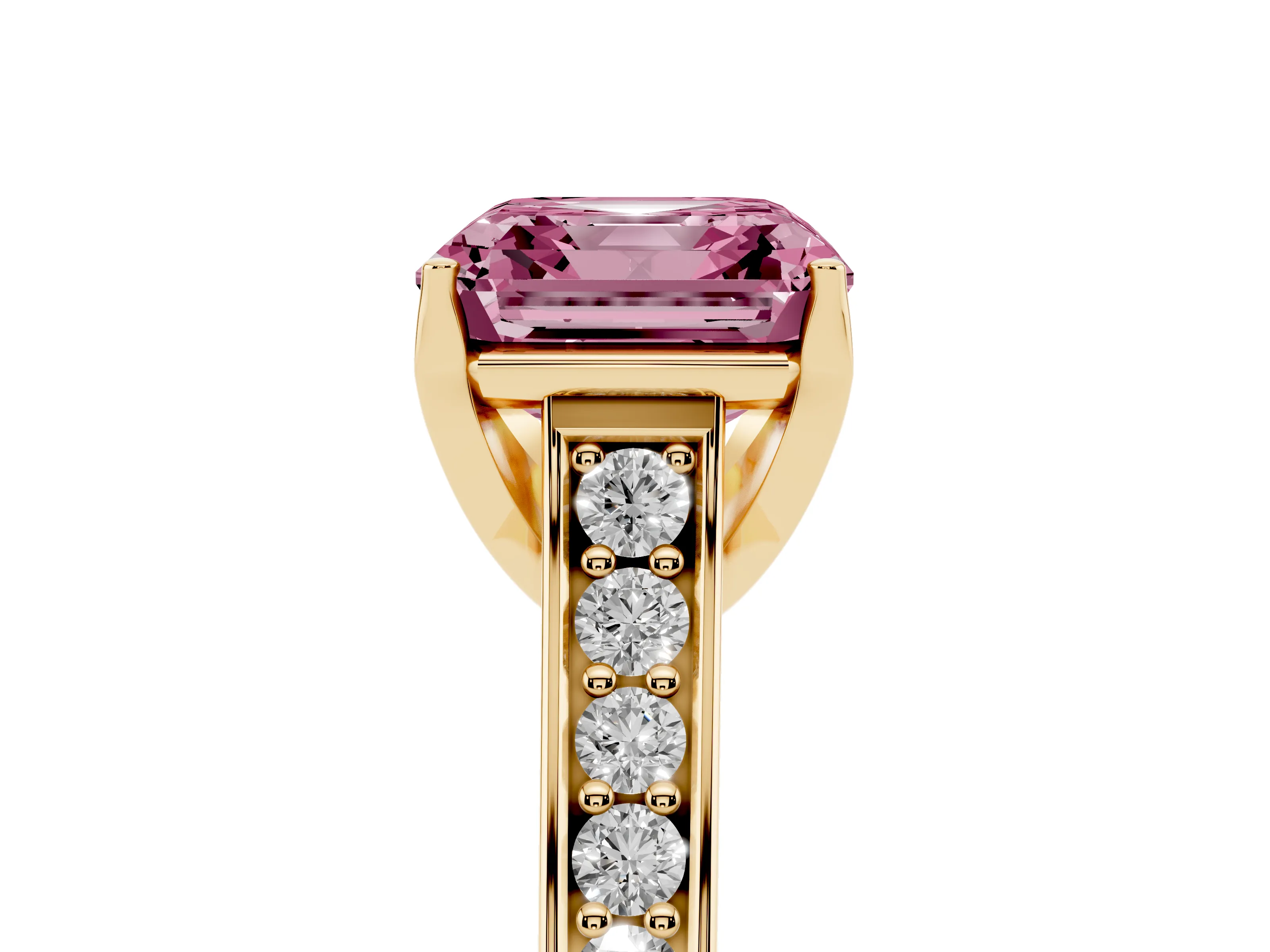 Fancy Pink Asscher Cut Diamond Solitaire Pavé Engagement Ring Set in Yellow gold with Prong Setting