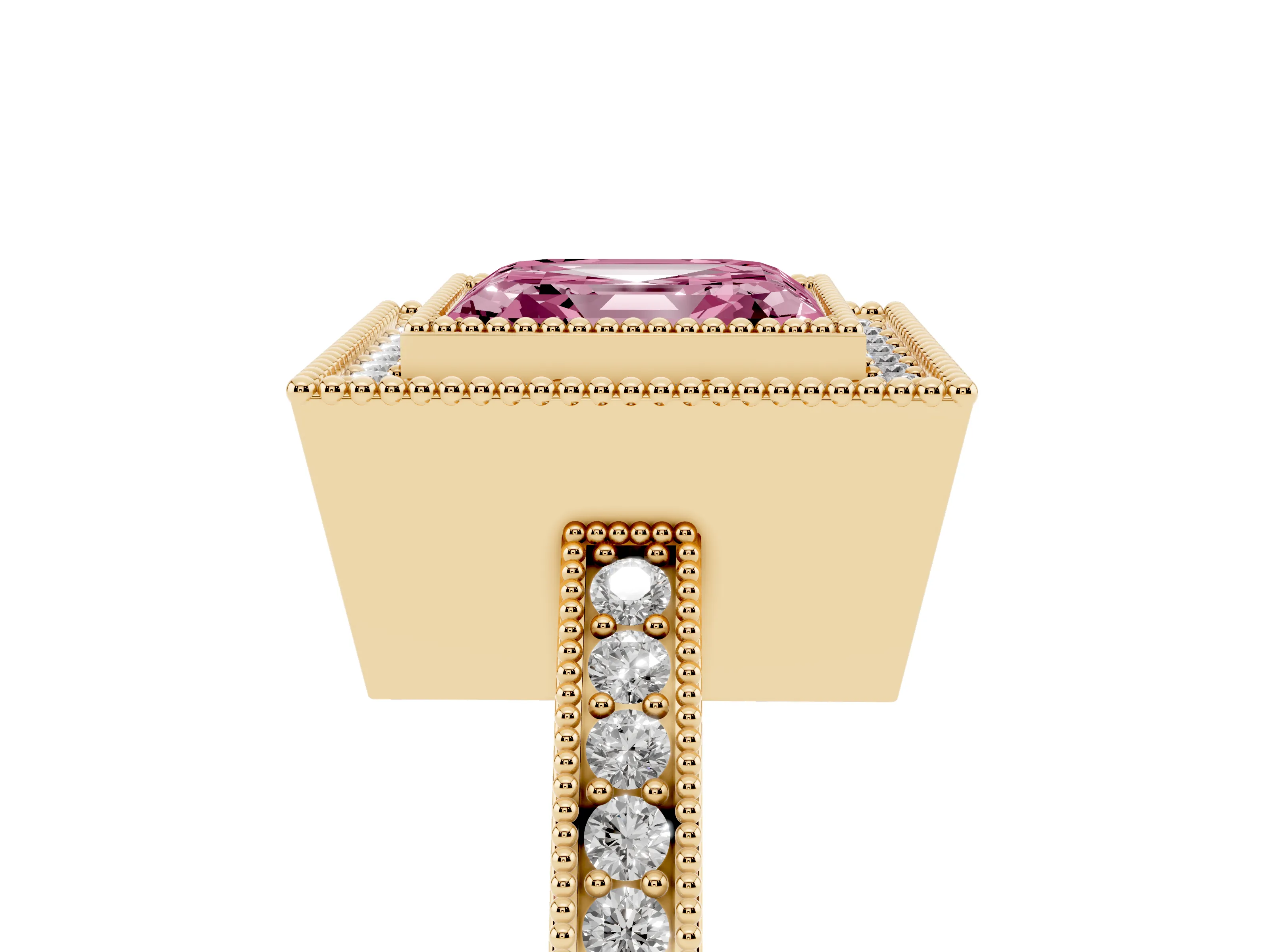 Fancy Pink Asscher Cut Diamond Round Halo Ring Set in Yellow gold with Pavé Band