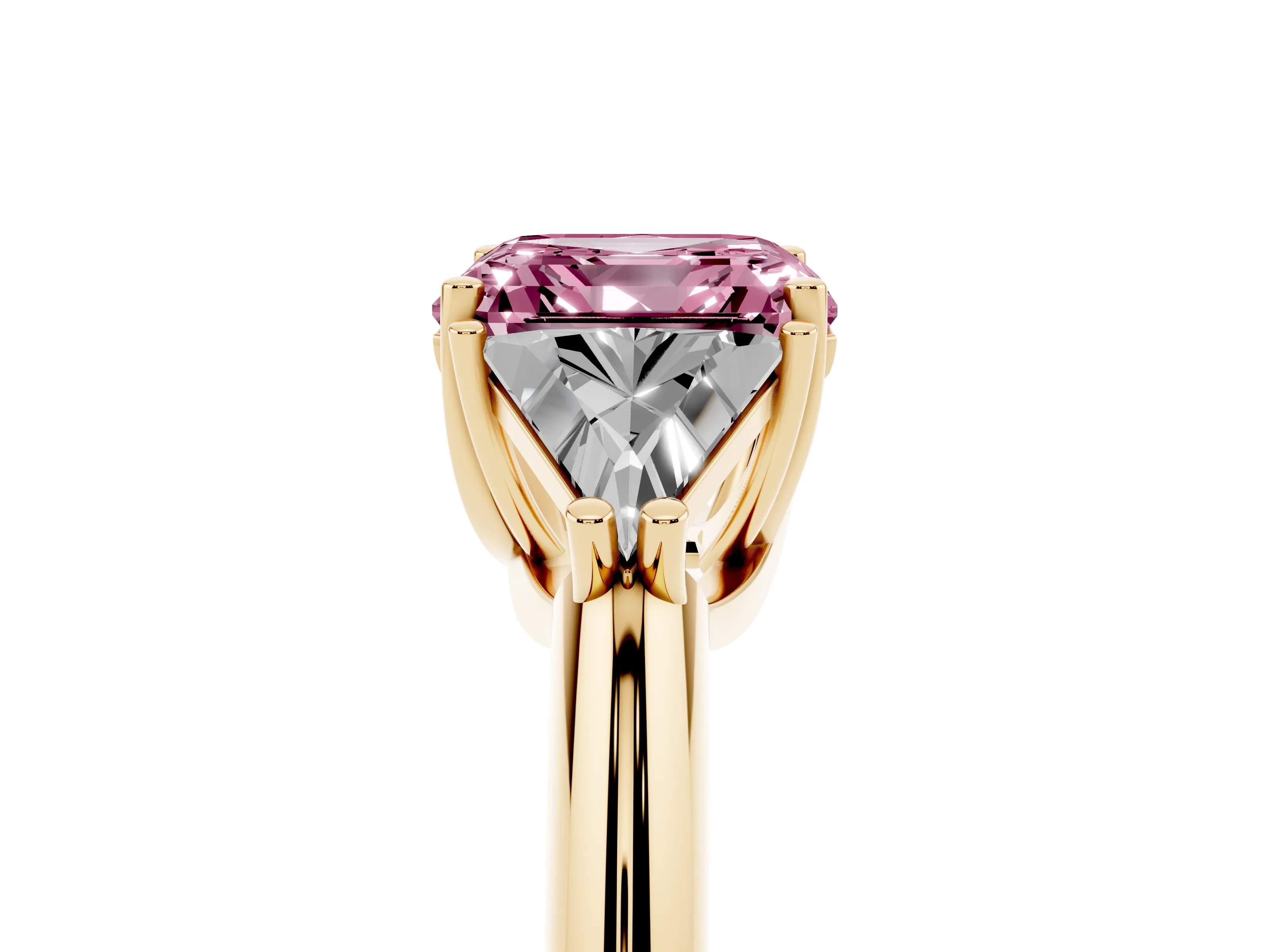 Fancy Pink Asscher Cut Diamond Three-Stone Engagement Ring Set in Yellow gold with Trillion Side Stones
