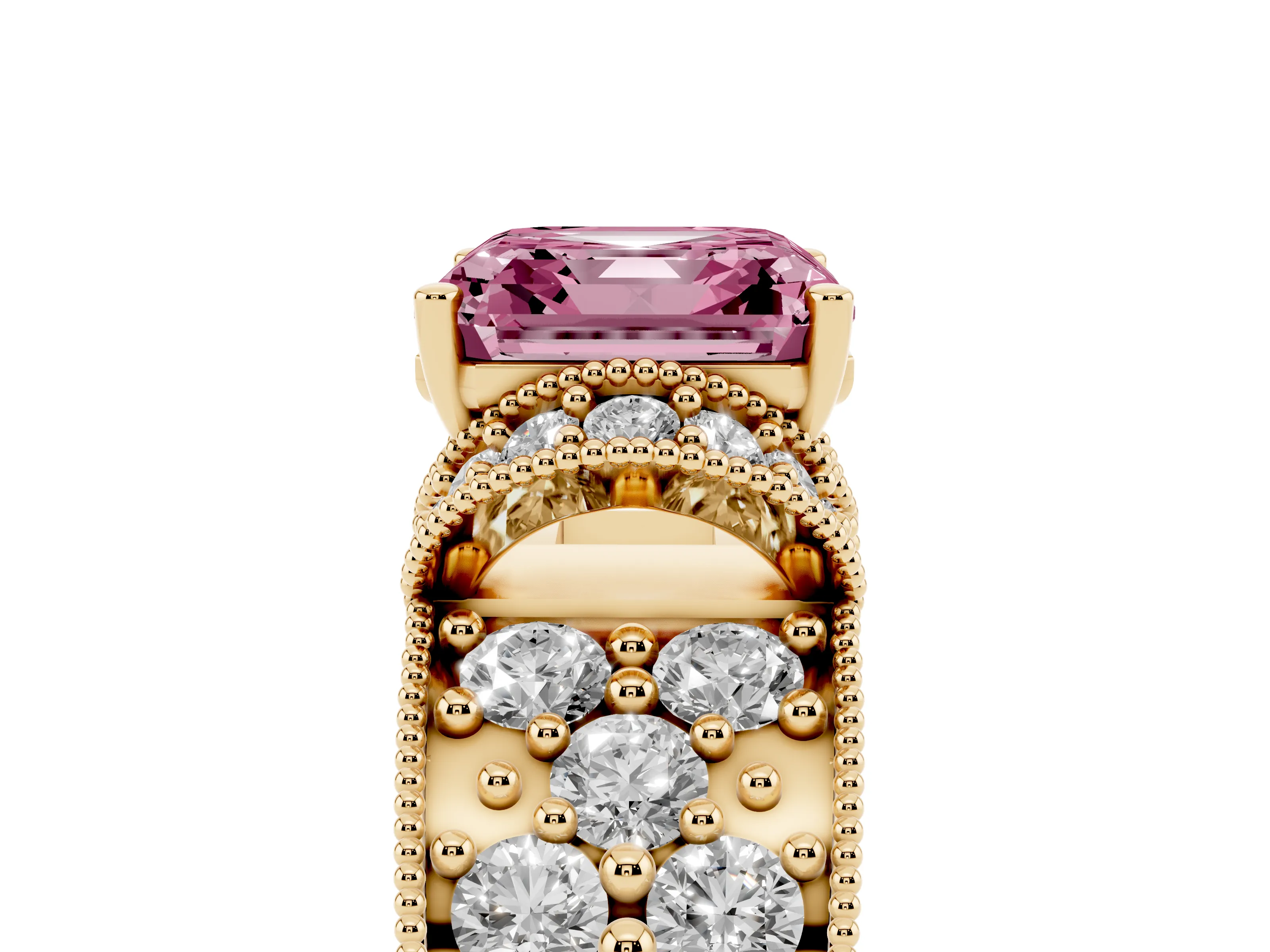 Fancy Pink Asscher Cut Diamond Milgrain Halo Pavé Engagement Ring Set in Yellow gold with Prong Setting