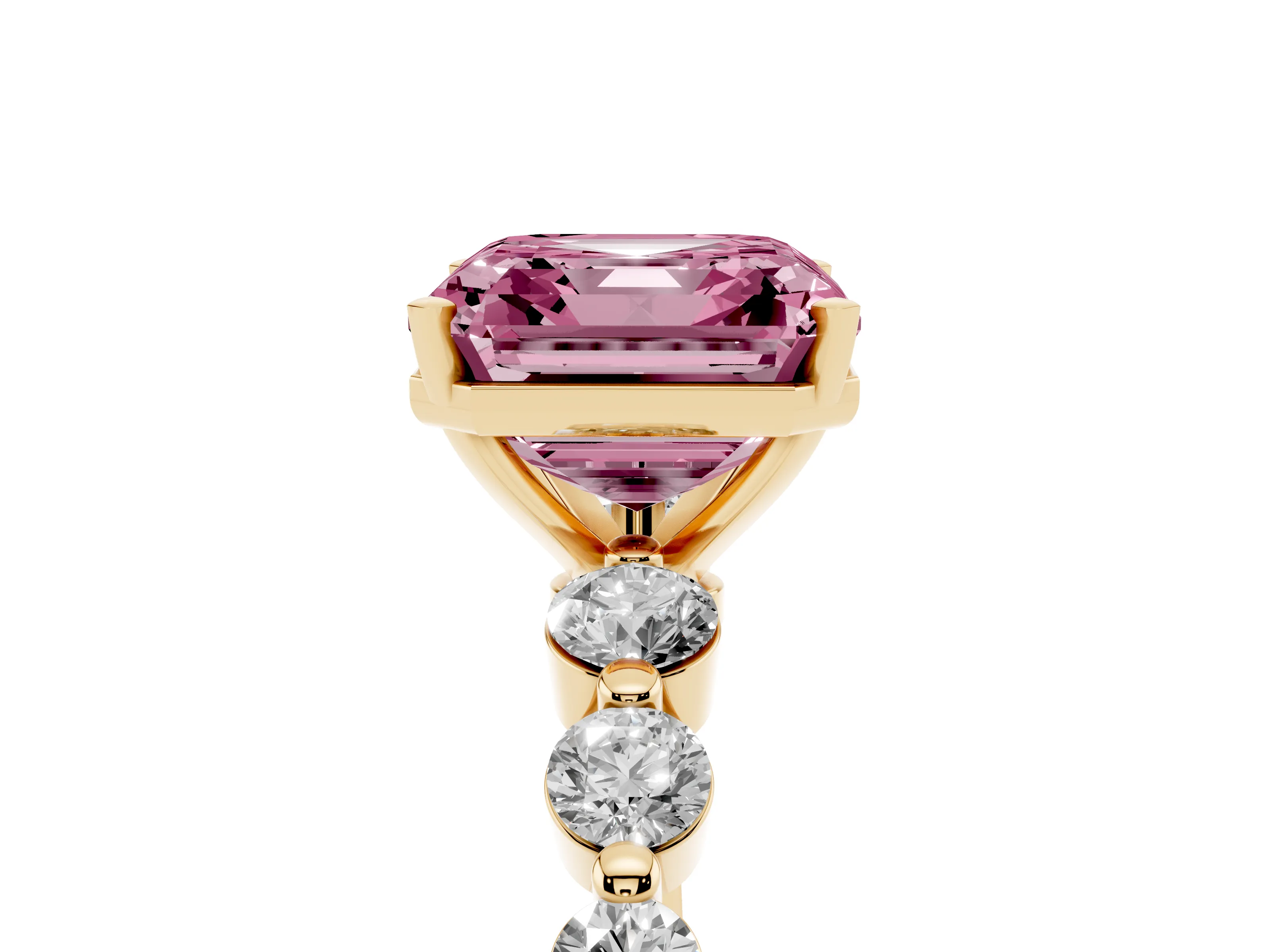 Fancy Pink Asscher Cut Diamond Solitaire Ring Set in Yellow gold with Pavé Band and Prong Setting