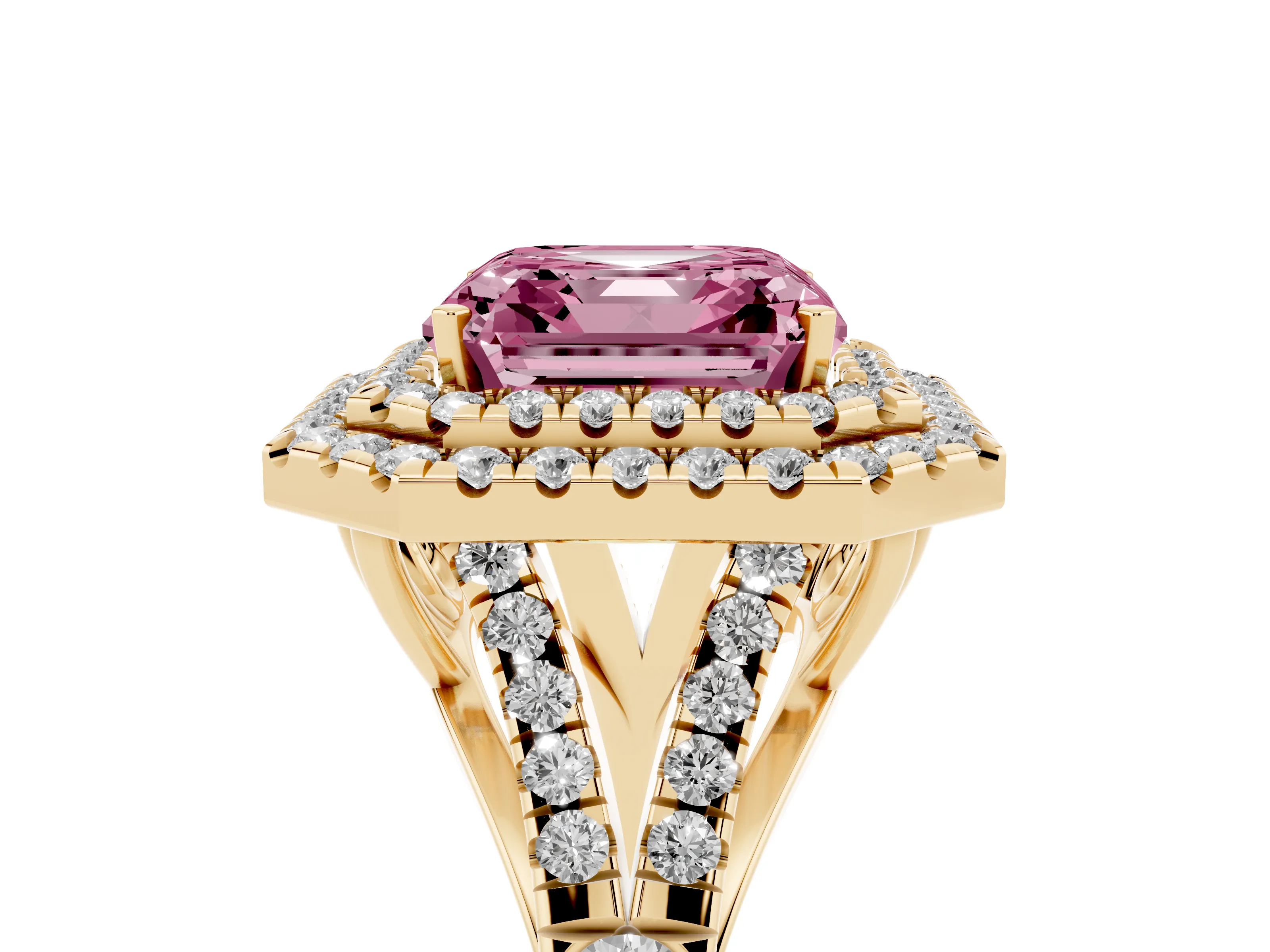 Fancy Pink Asscher Cut Diamond Pavé Split Shank Double Halo Engagement Ring Set in Yellow gold