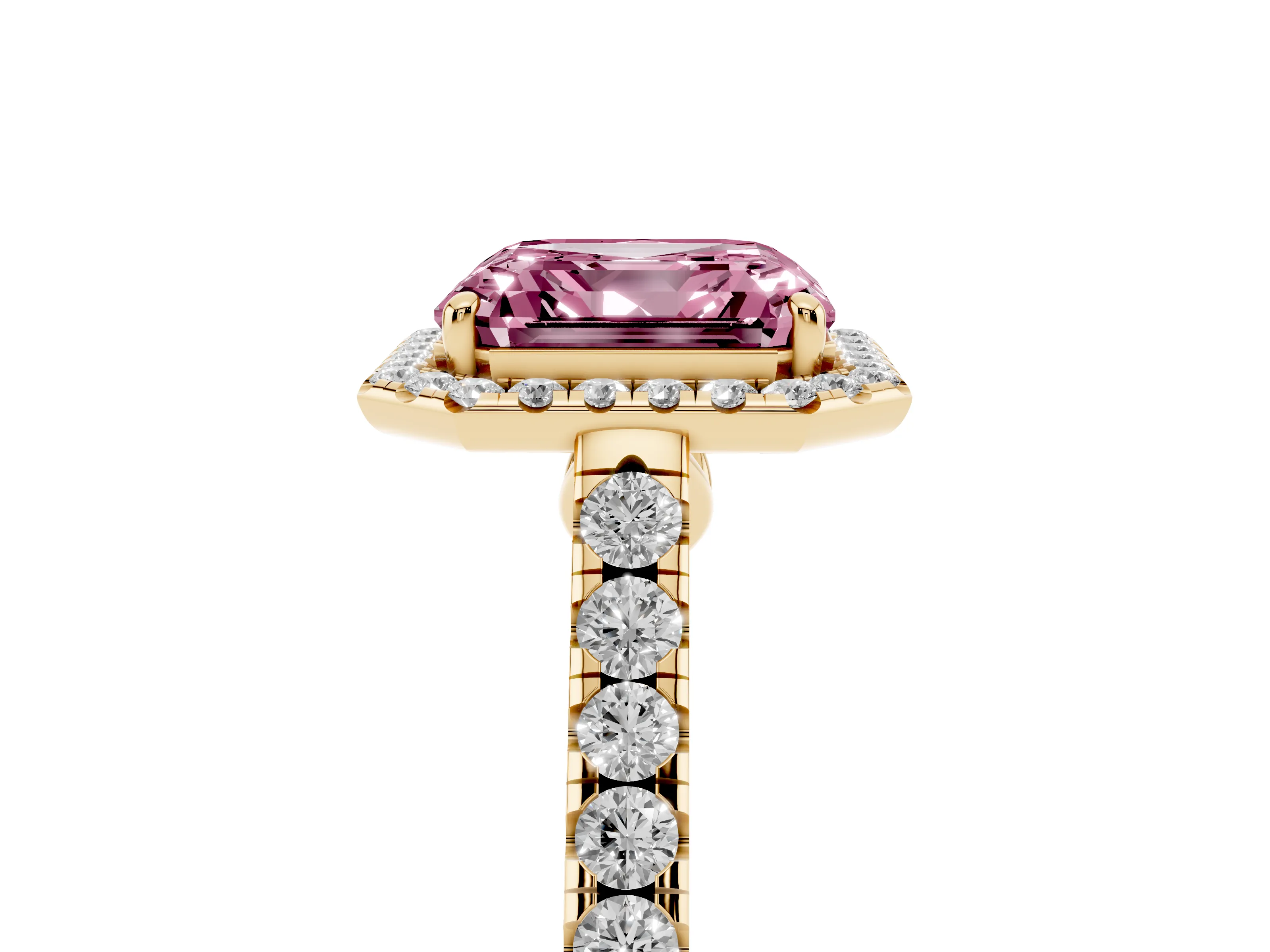 Fancy Pink Asscher Cut Diamond Halo Pavé Engagement Ring Set in Yellow gold with Prong Setting