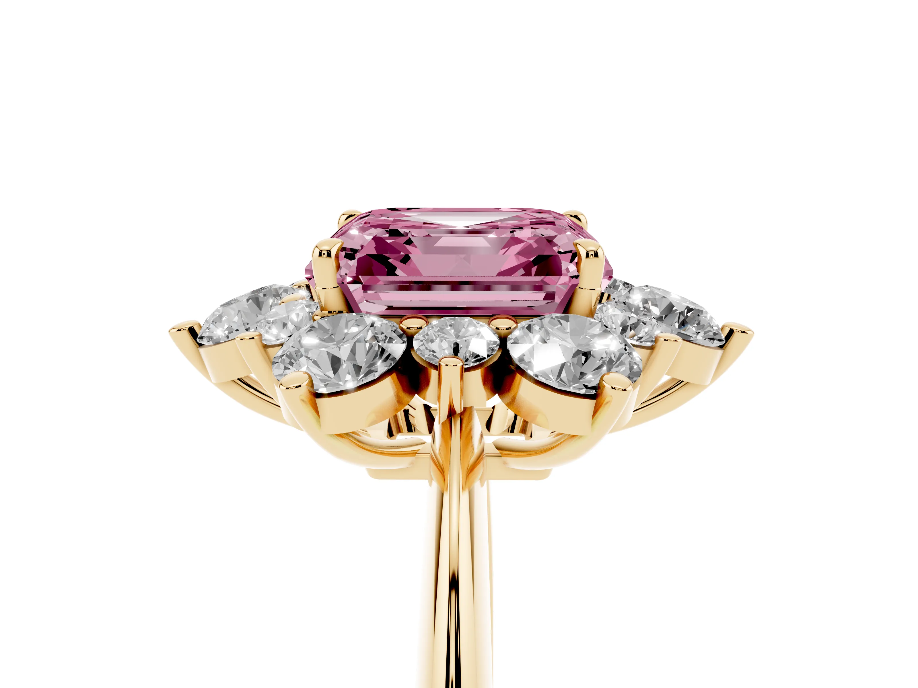 Fancy Pink Asscher Cut Diamond Cluster Halo Ring Set in Yellow gold with Solitaire Band and Prong Setting