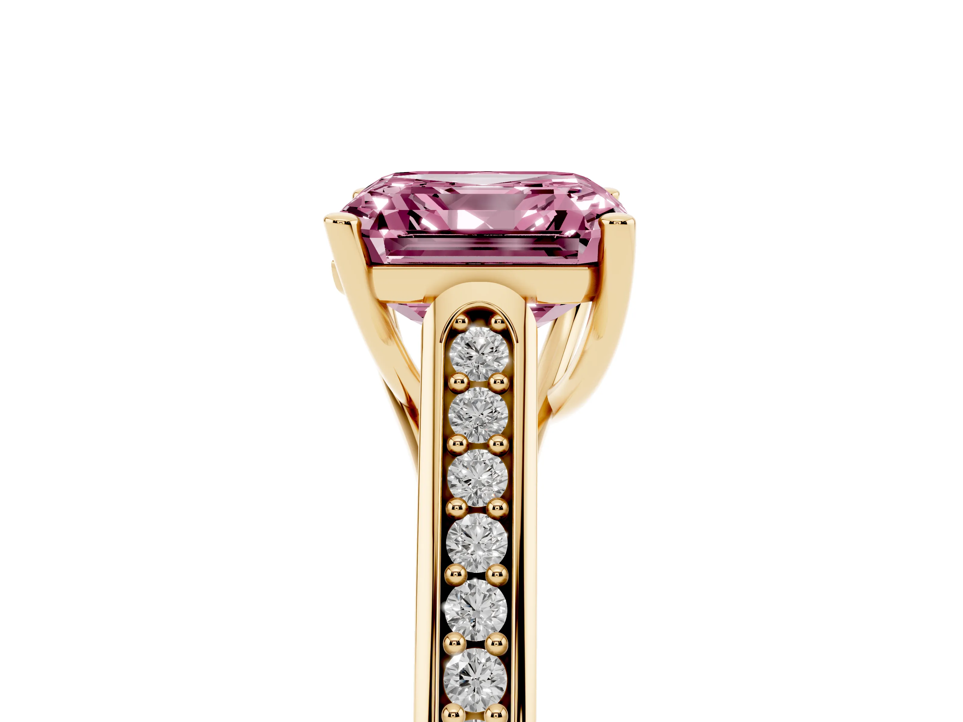 Fancy Pink Asscher Cut Diamond Solitaire Cathedral Engagement Ring Set in Yellow gold with Channel-Set Band and Prong Setting