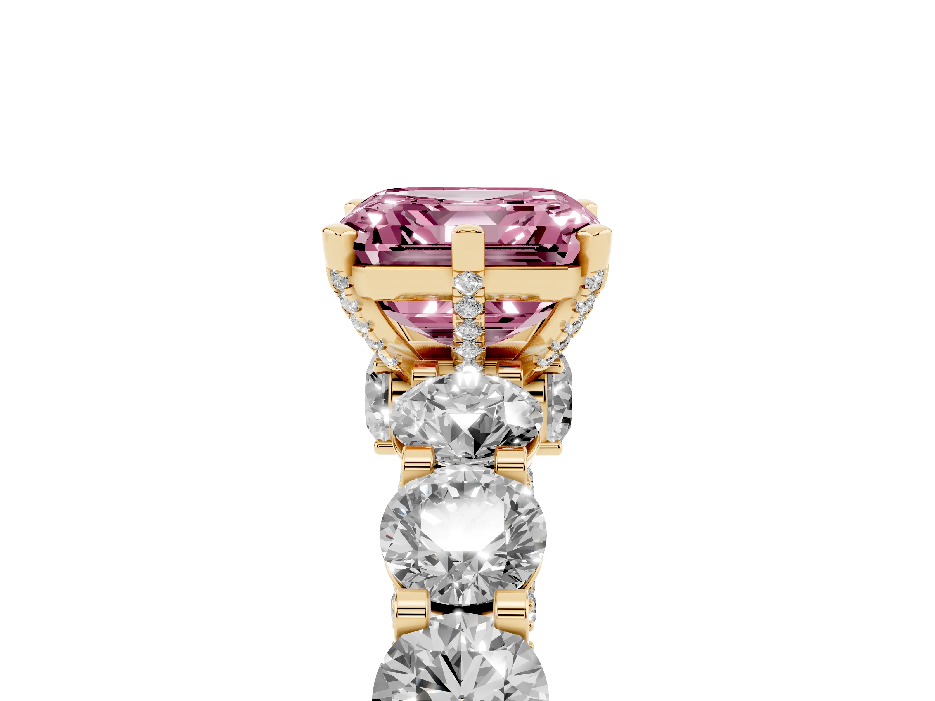 Fancy Pink Asscher Cut Diamond Side Stone Ring Set in Yellow gold with Alternating Round and Oval Side Stones