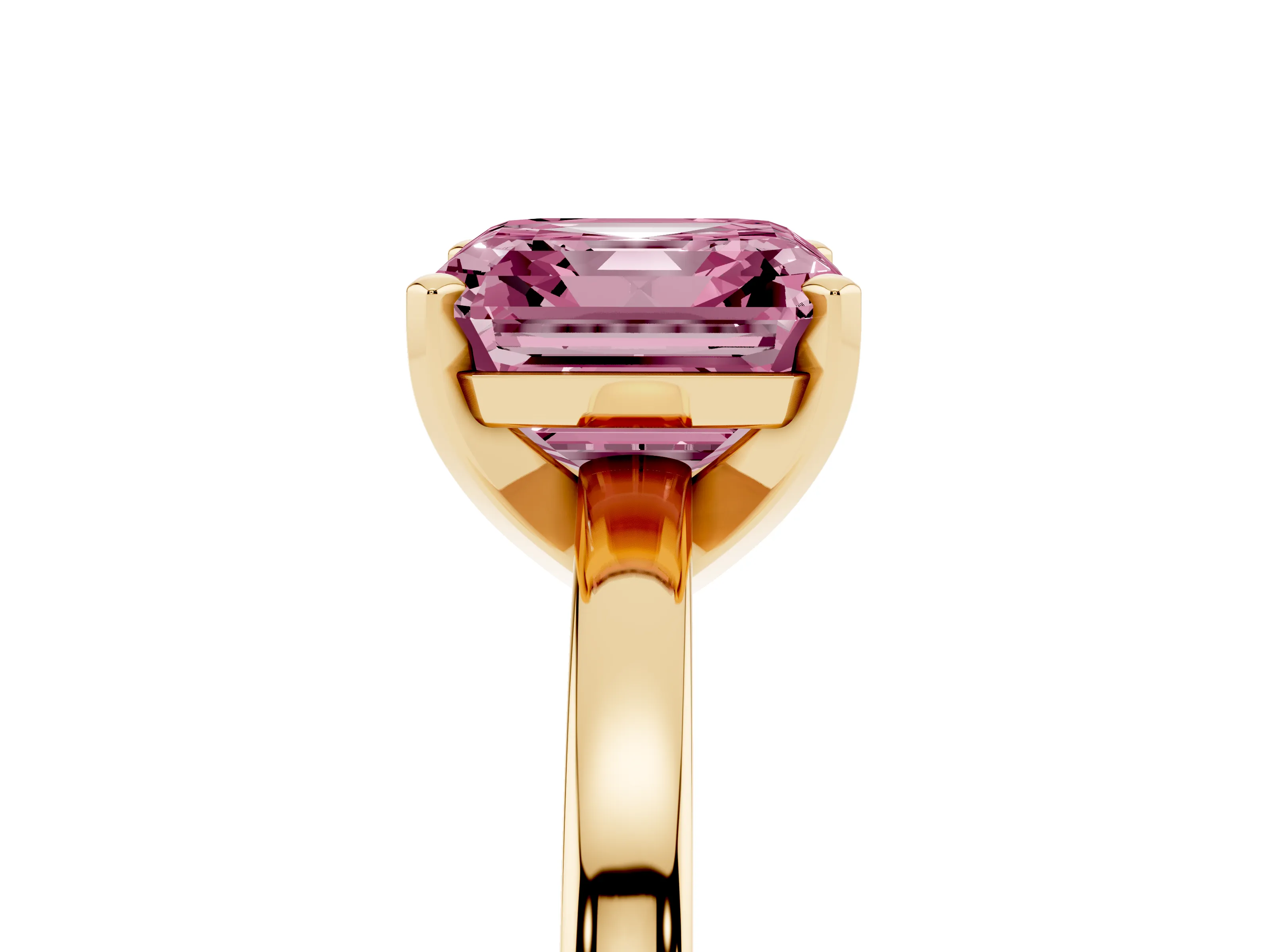 Fancy Pink Asscher Cut Diamond Solitaire Engagement Ring Set in Yellow gold with Prong Setting on a Classic Band