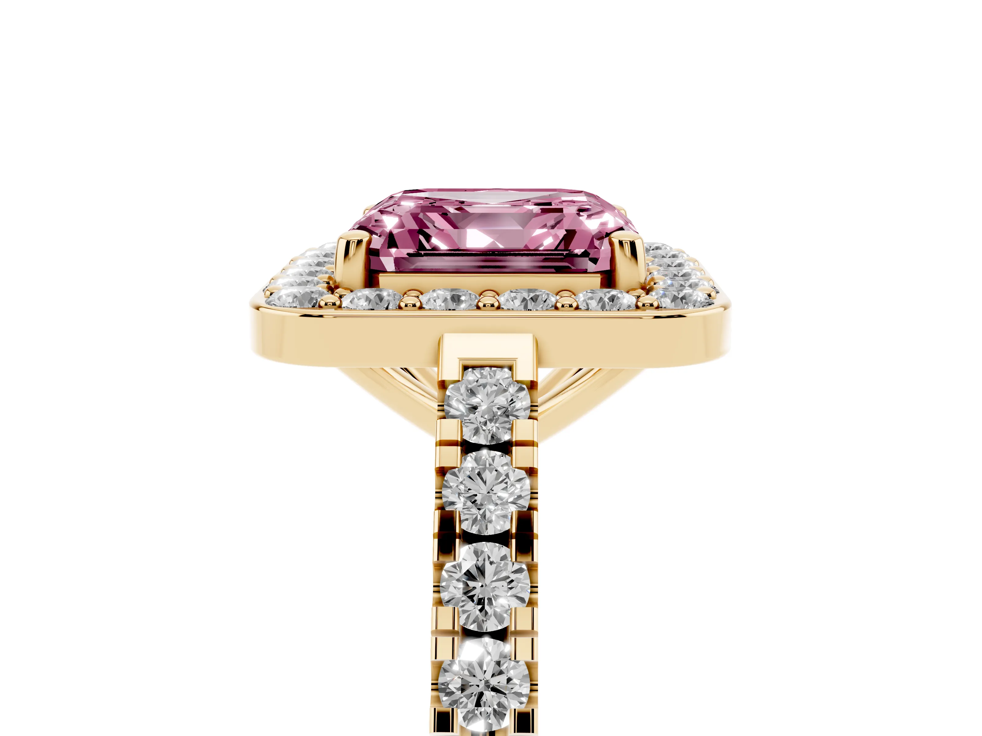 Fancy Pink Asscher Cut Diamond Halo Ring Set in Yellow gold with Round Pavé Split Shank and Prong Setting