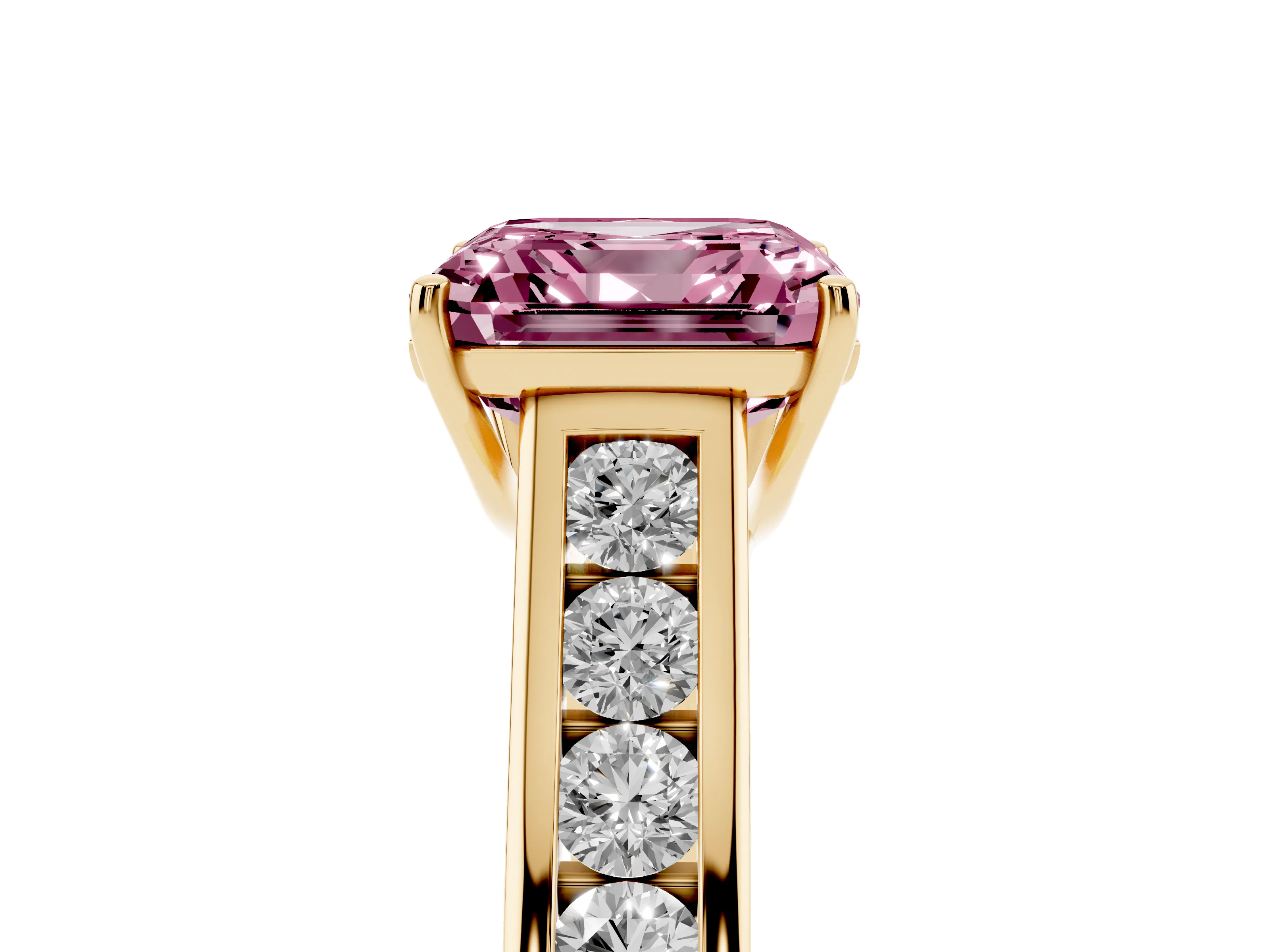 Fancy Pink Asscher Cut Diamond Brilliant Channel-Set Solitaire Ring Set in Yellow gold with Prong Setting