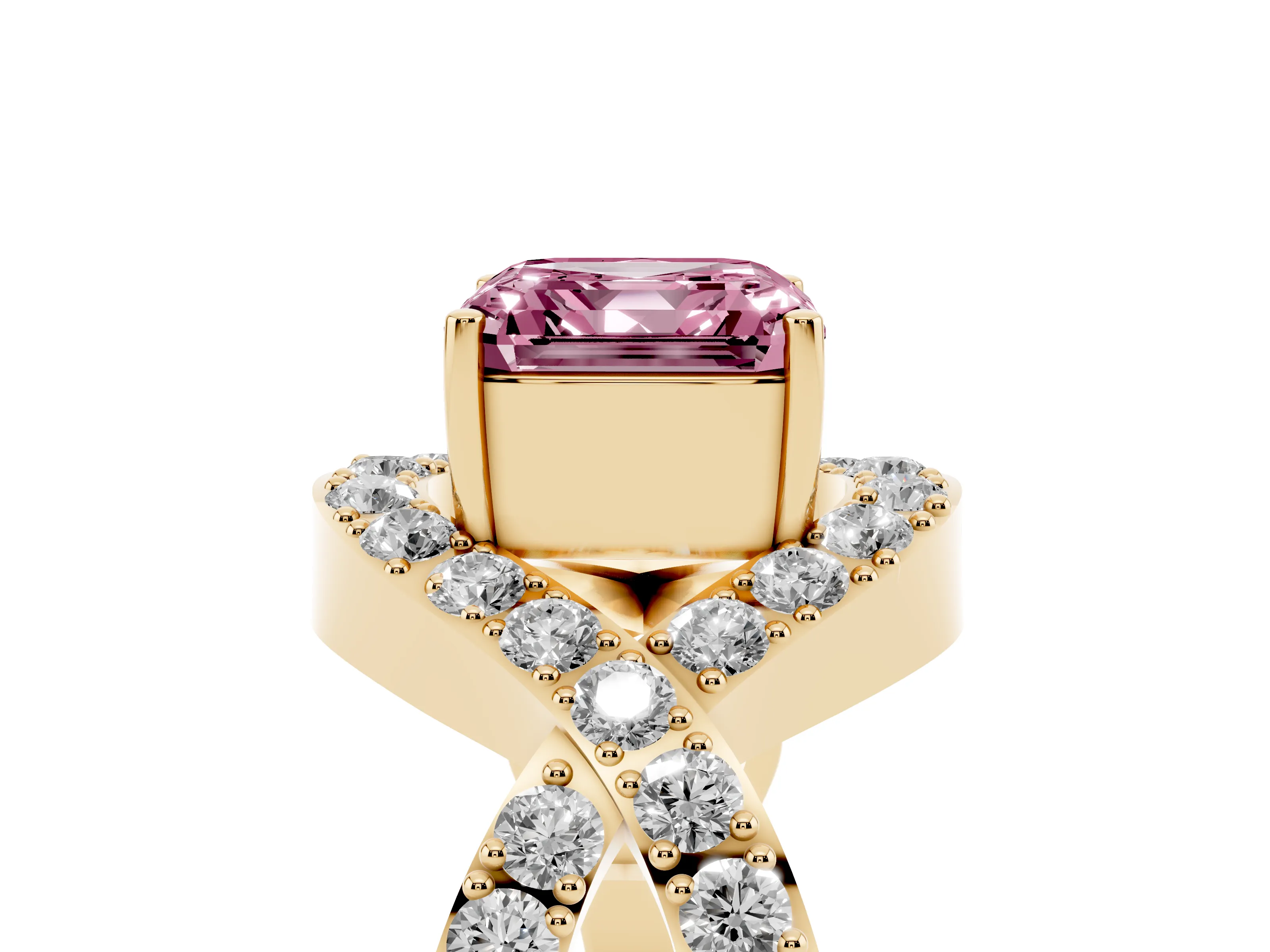 Fancy Pink Asscher Cut Diamond Solitaire Twist Band Pavé Engagement Ring Set in Yellow gold