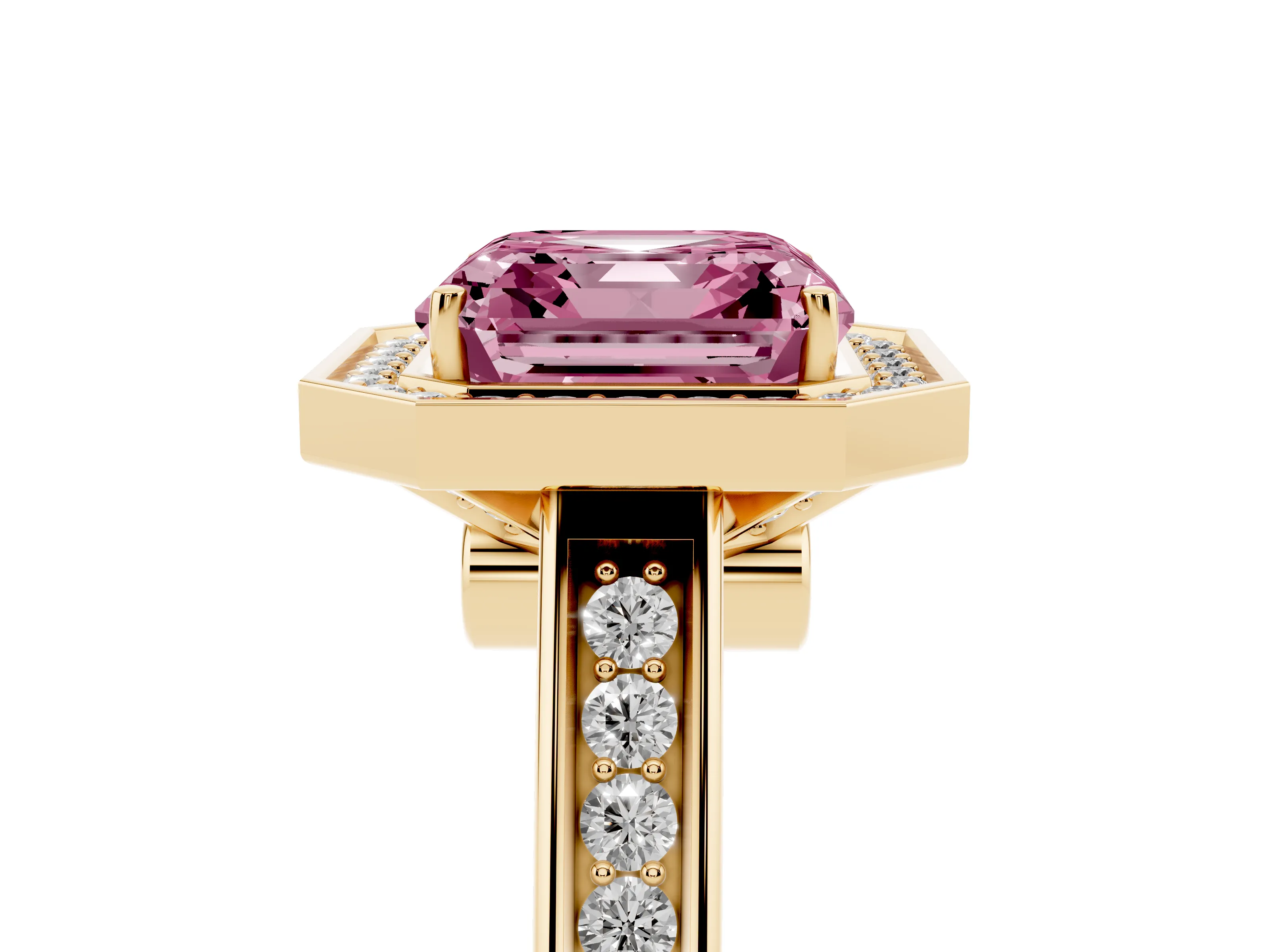 Fancy Pink Asscher Cut Diamond Halo Solitaire Ring Set in Yellow gold with Pavé Band and Bezel Setting