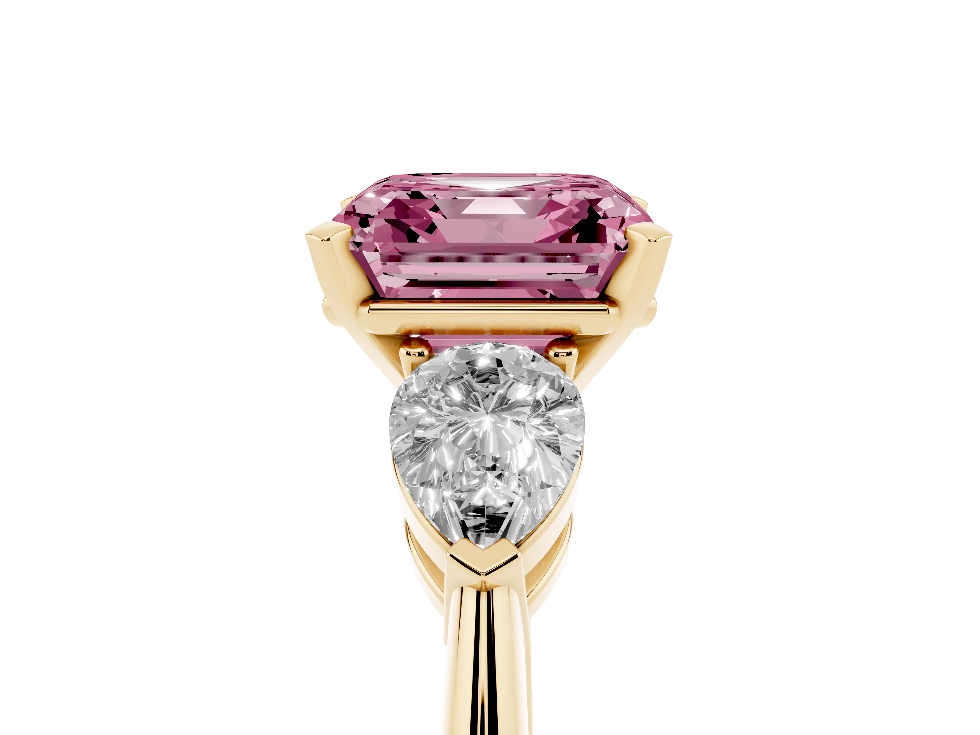 Fancy Pink Three-Stone Asscher Cut Diamond Ring Set in Yellow gold with Pear Side Stones and Prong Setting