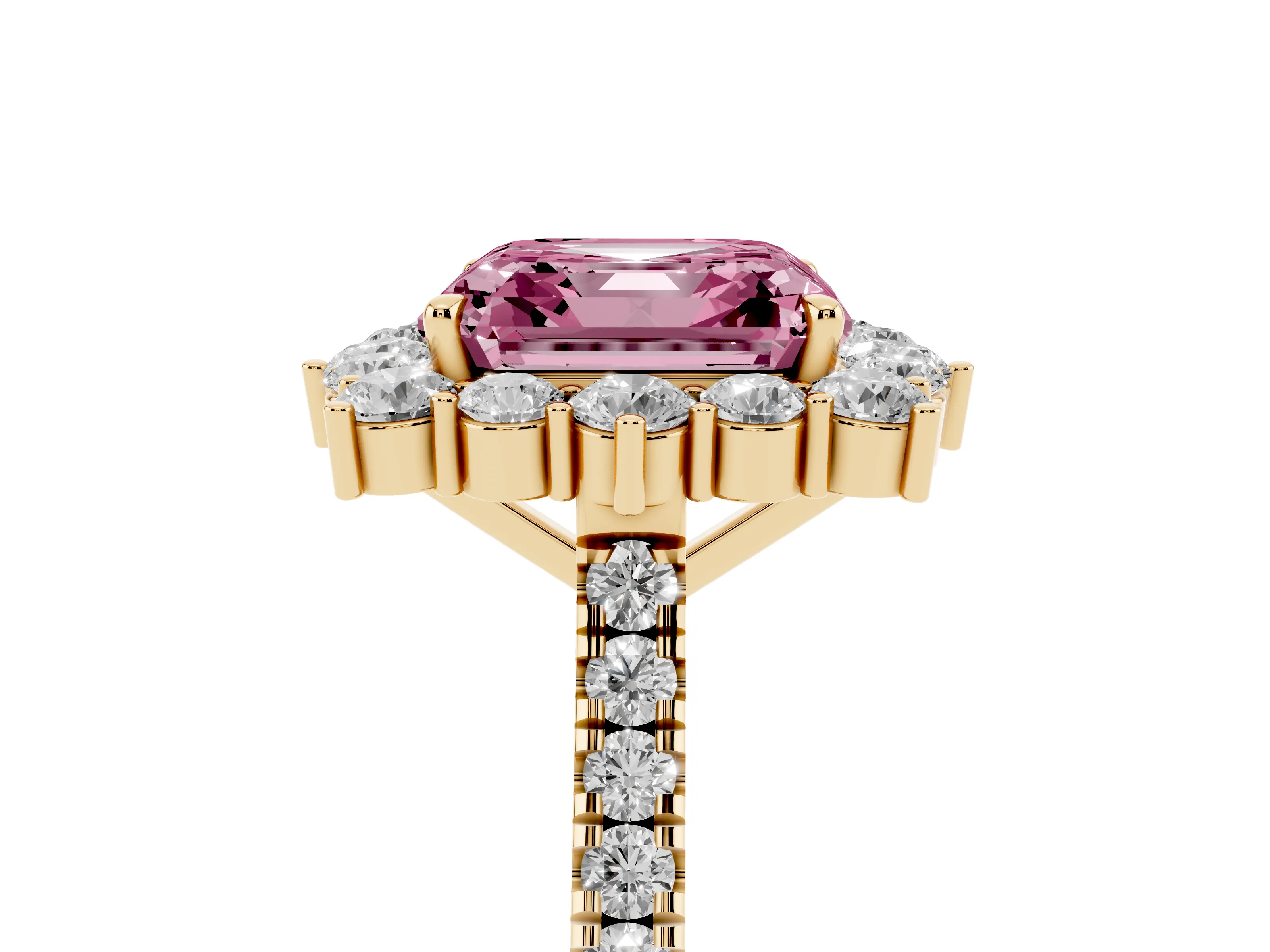 Fancy Pink Asscher Cut Diamond Halo Ring Set in Yellow gold with Pavé Band and Prong Setting