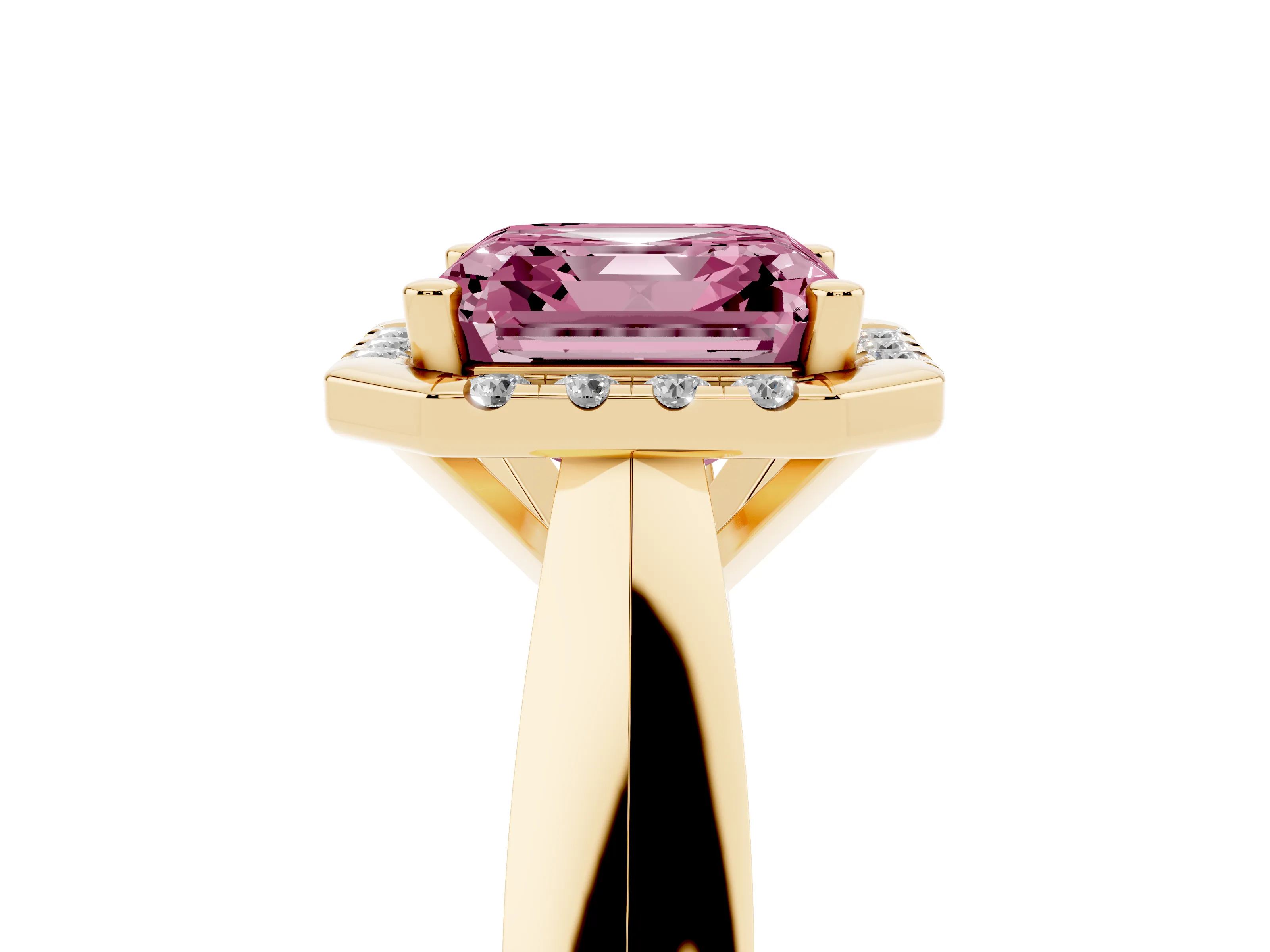 Fancy Pink Asscher Cut Diamond Halo Solitaire Engagement Ring Set in Yellow gold with Square Band and Prong Setting