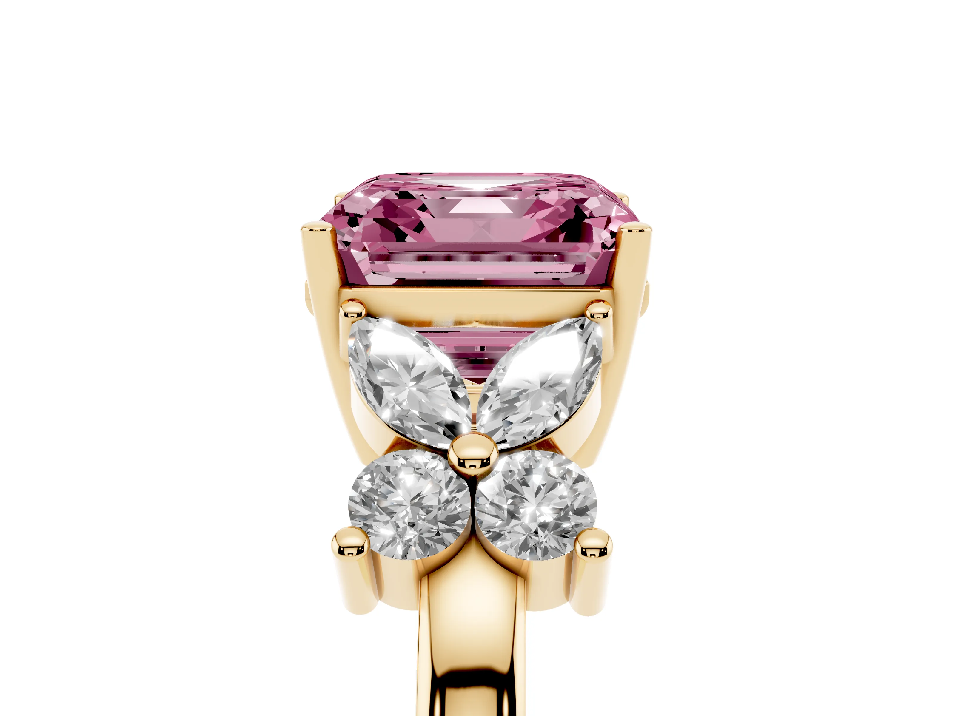 Fancy Pink Asscher Cut Diamond Floral Cluster Ring Set in Yellow gold with Marquise Petals and Prong Setting