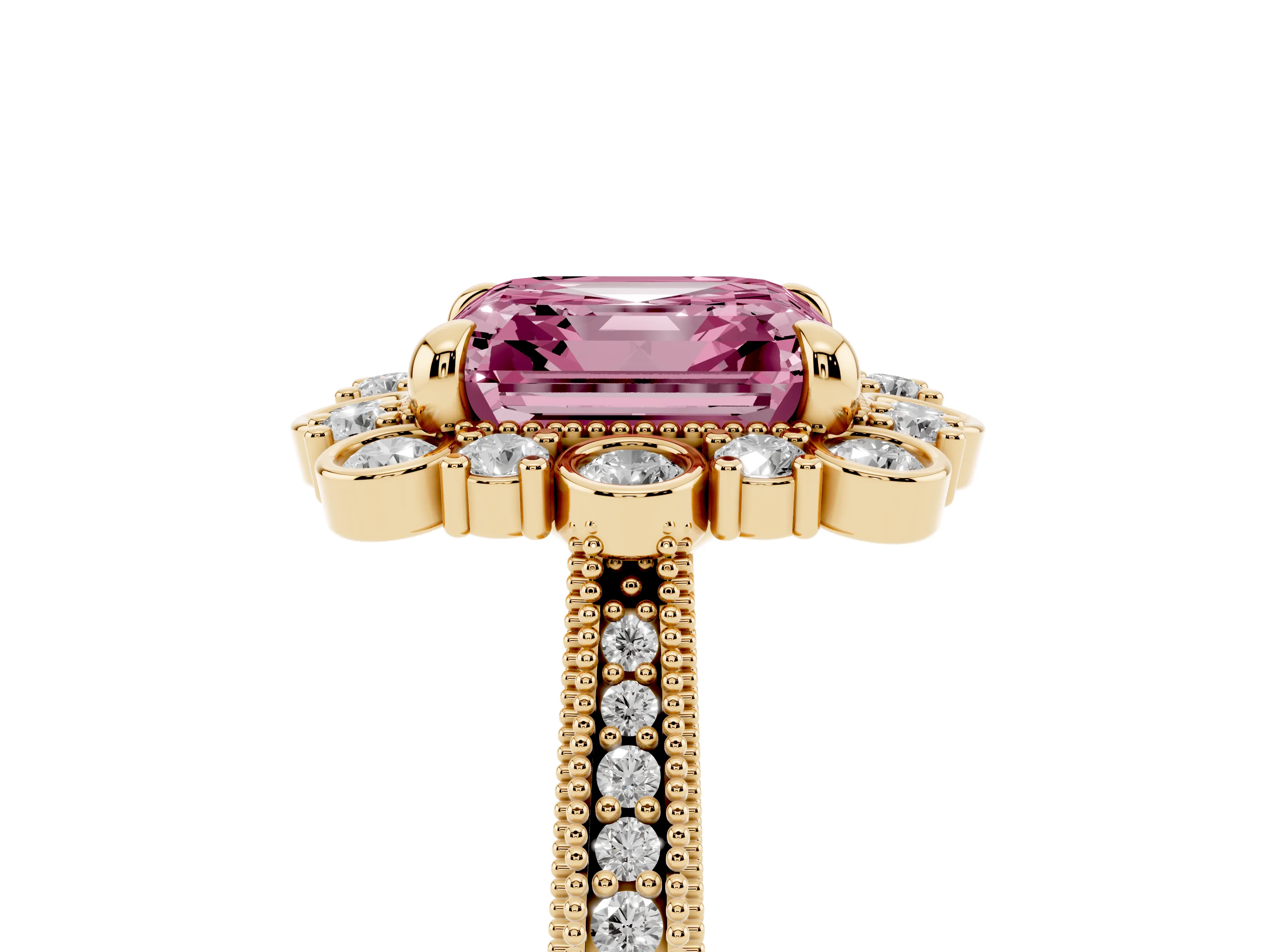 Fancy Pink Asscher Cut Diamond Halo Milgrain Pavé Ring Set in Yellow gold with Prong Setting