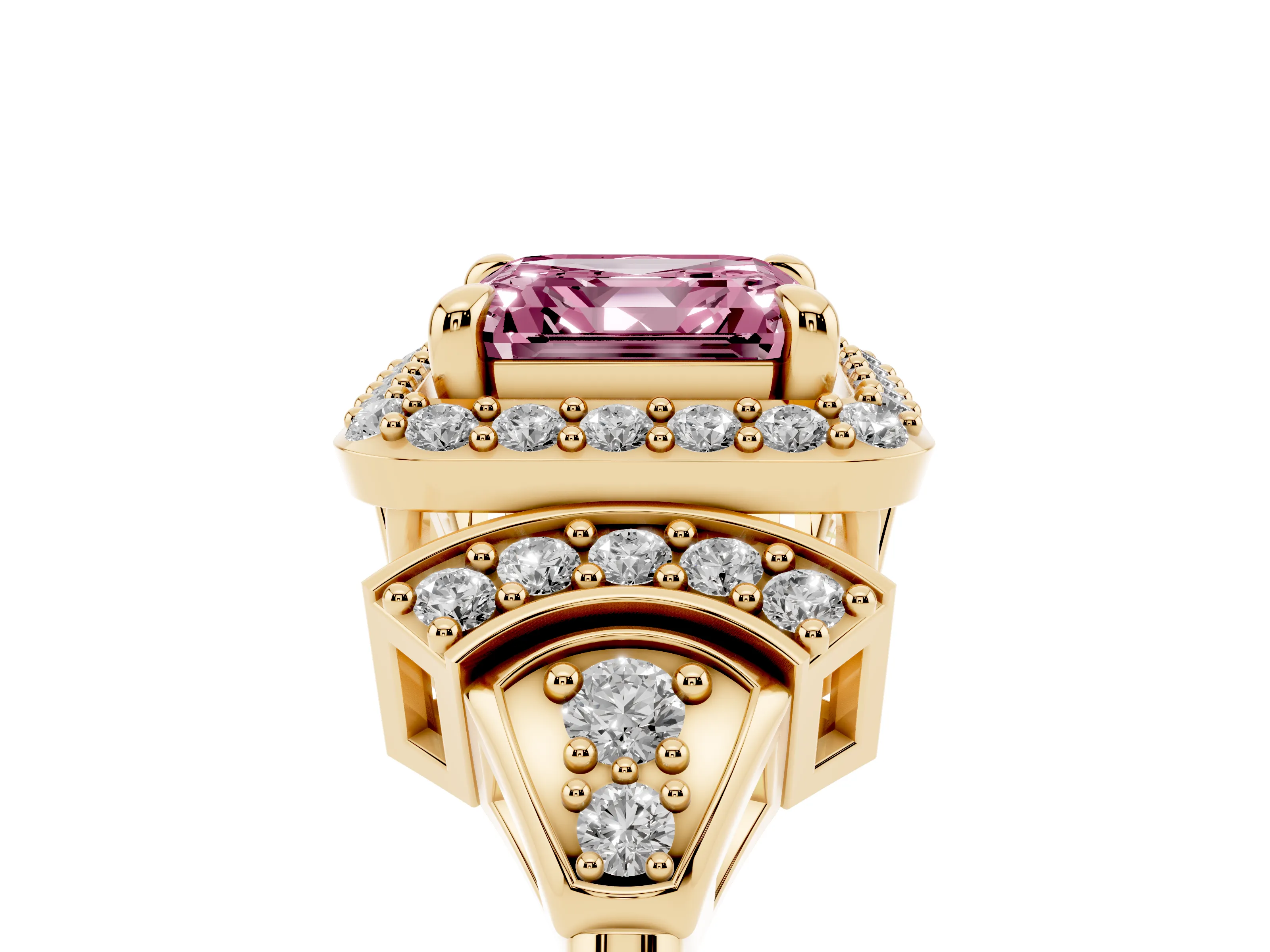Fancy Pink Asscher Cut Diamond Halo Engagement Ring Set in Yellow gold with Accent Stone Split Shank