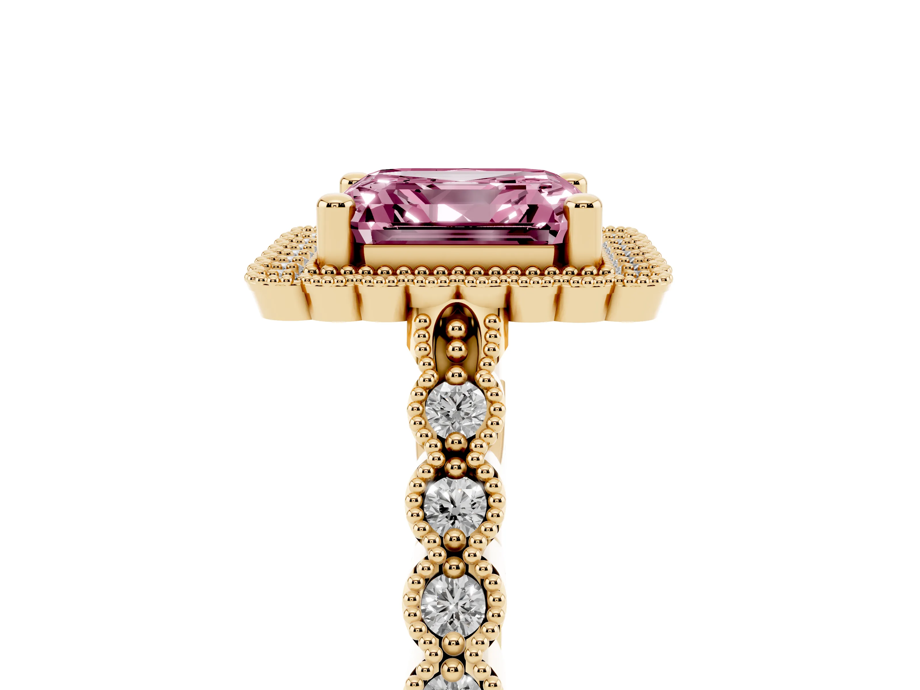 Fancy Pink Asscher Cut Diamond Halo Ring Set in Yellow gold with Pavé Milgrain Band