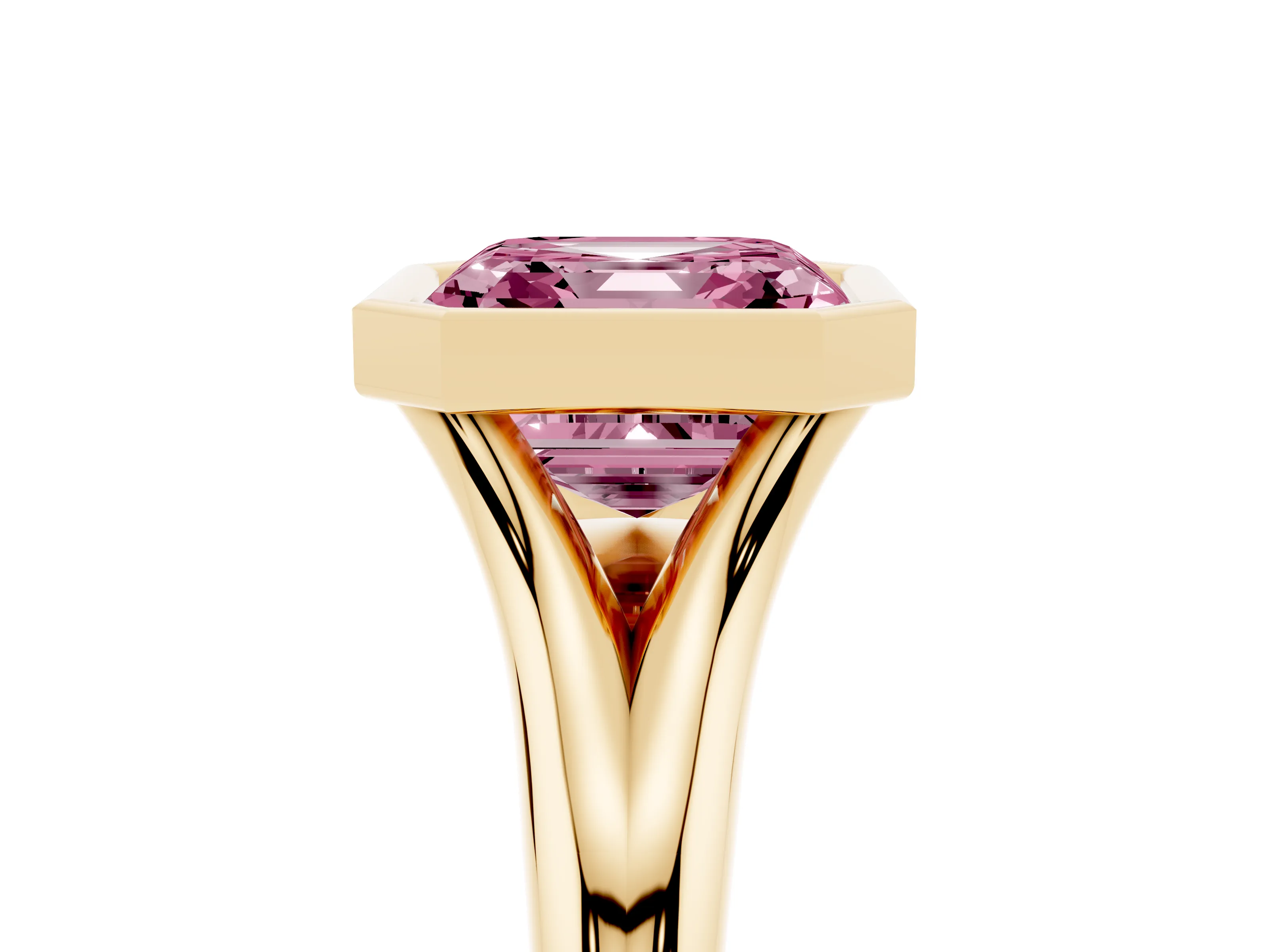 Fancy Pink Bezel Set Asscher Cut Diamond Solitaire Ring Set in Yellow gold with Smooth Band