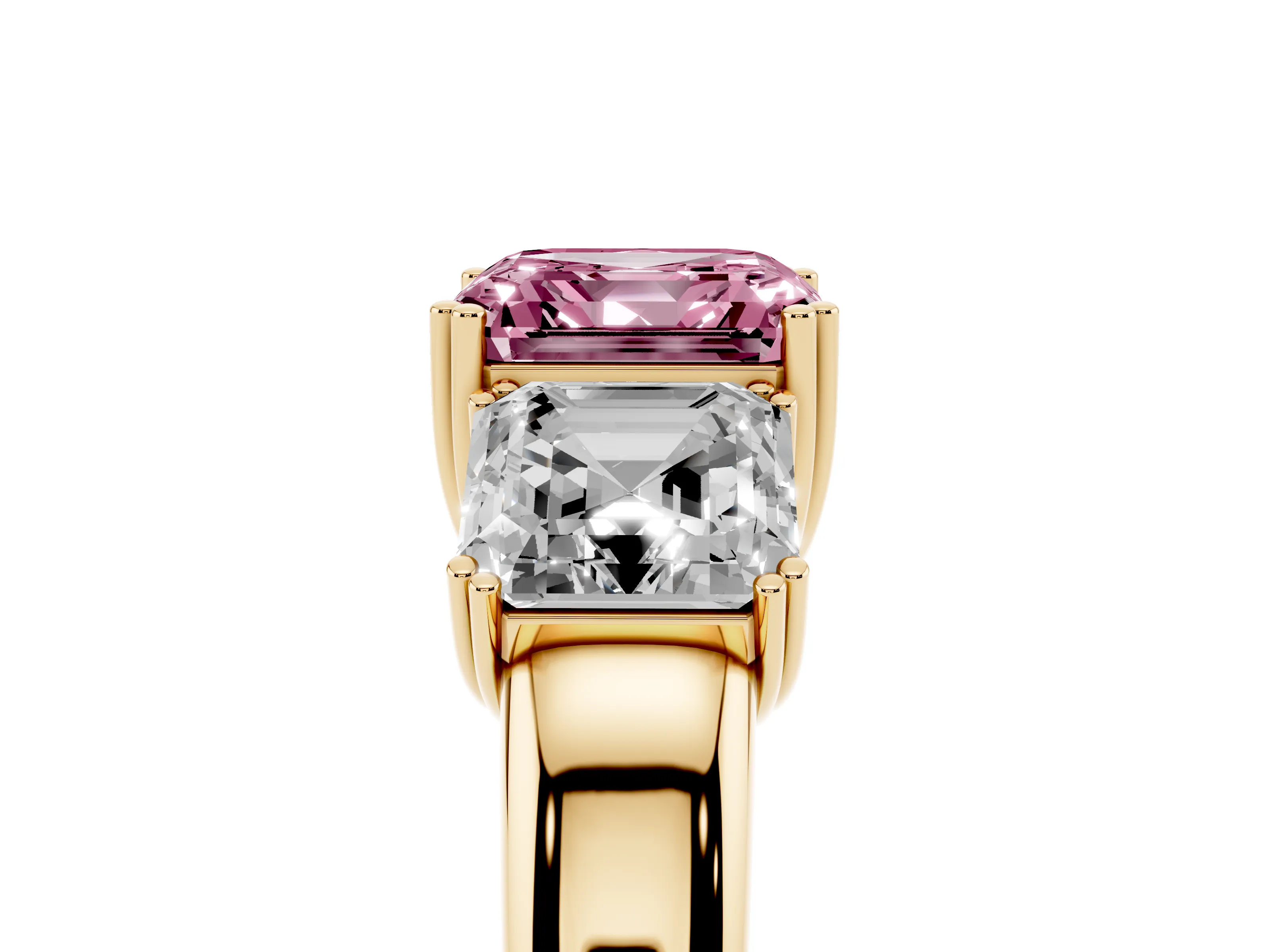 Fancy Pink Asscher Cut Diamond Three-Stone Ring Set in Yellow gold with Polished Band and Prong Setting