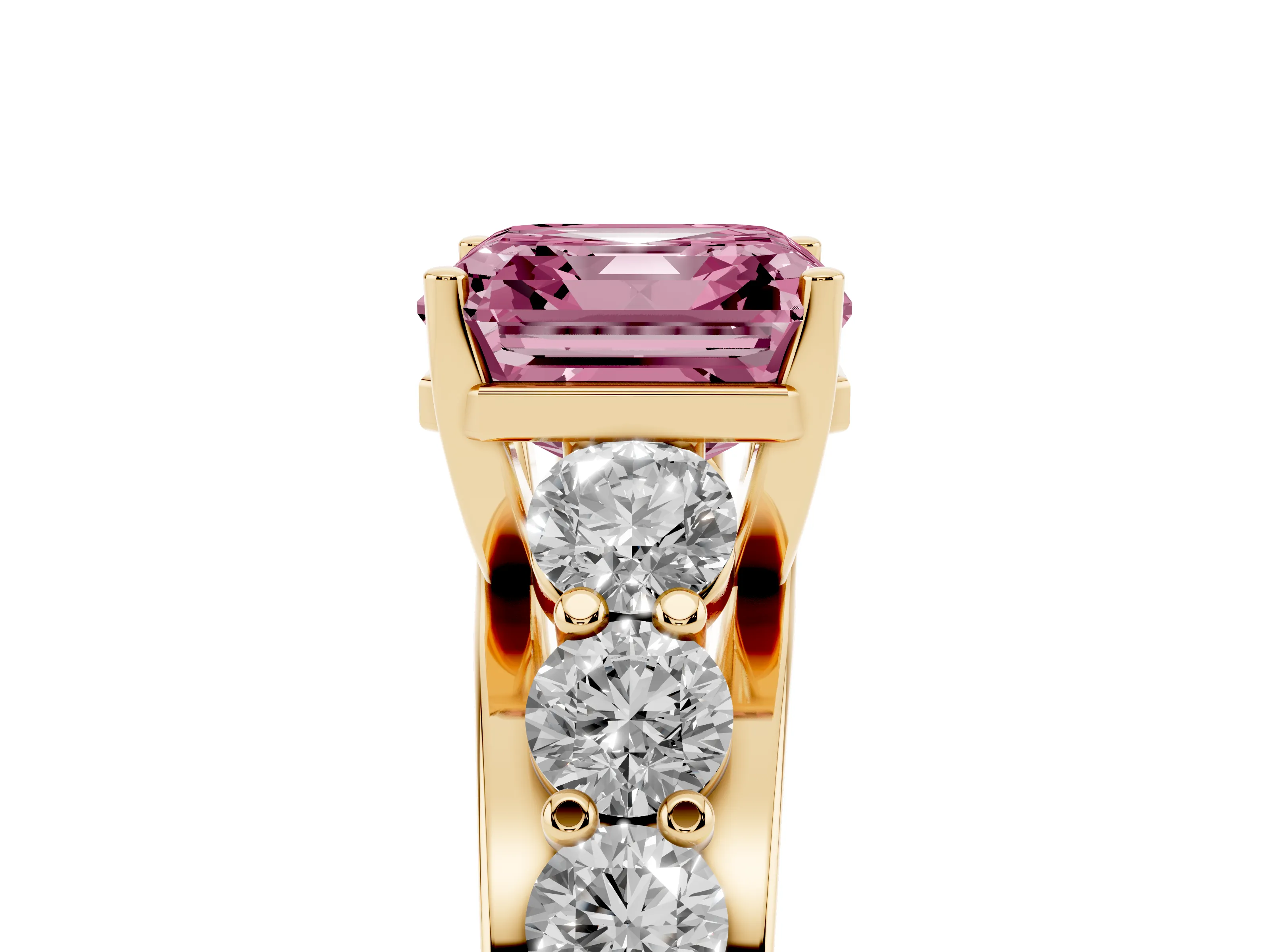 Fancy Pink Asscher Cut Diamond Pavé Engagement Ring Set in Yellow gold with Prong Setting