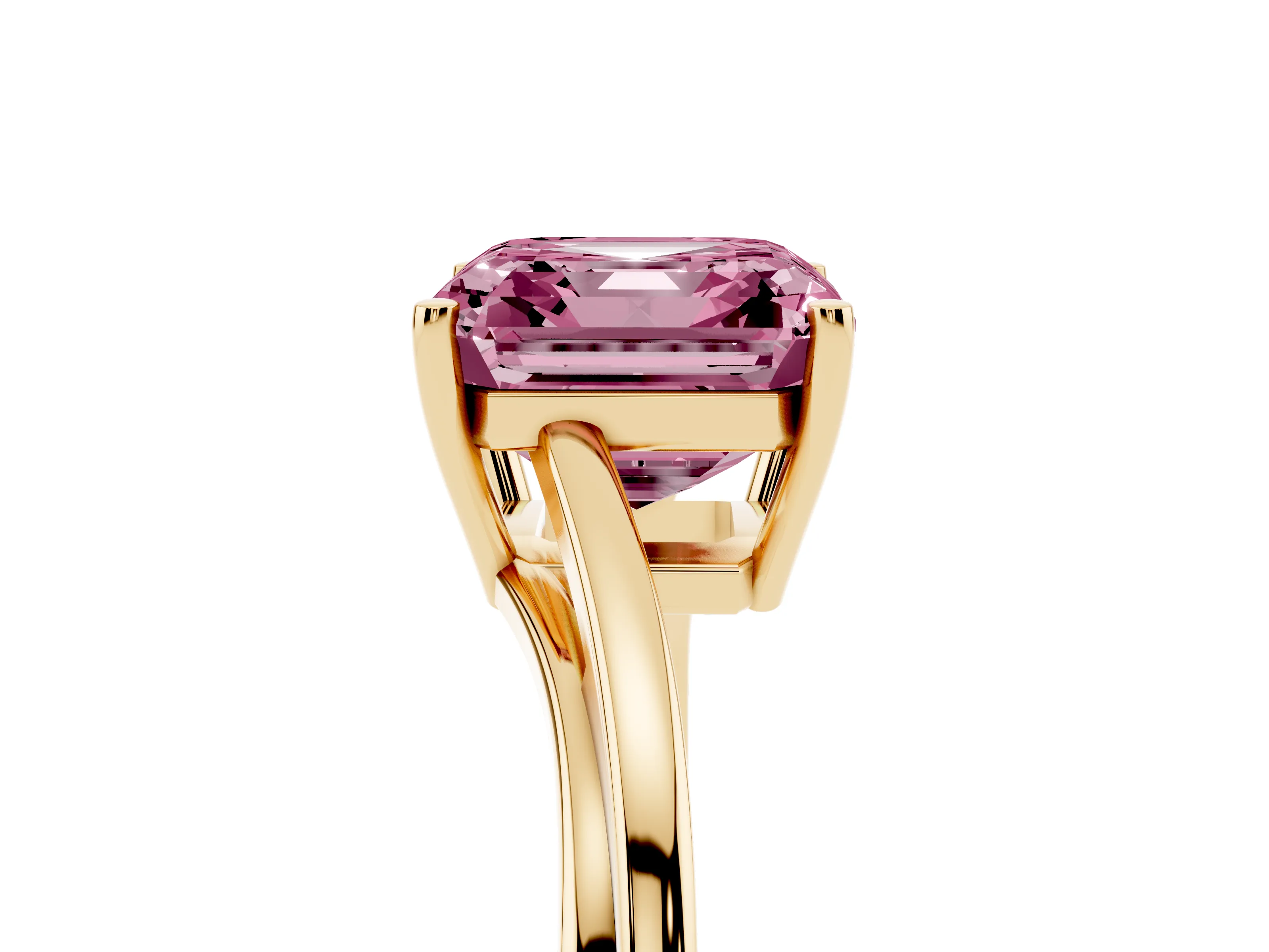 Fancy Pink Asscher Cut Diamond Solitaire Twist Band Ring Set in Yellow gold with Prong Setting