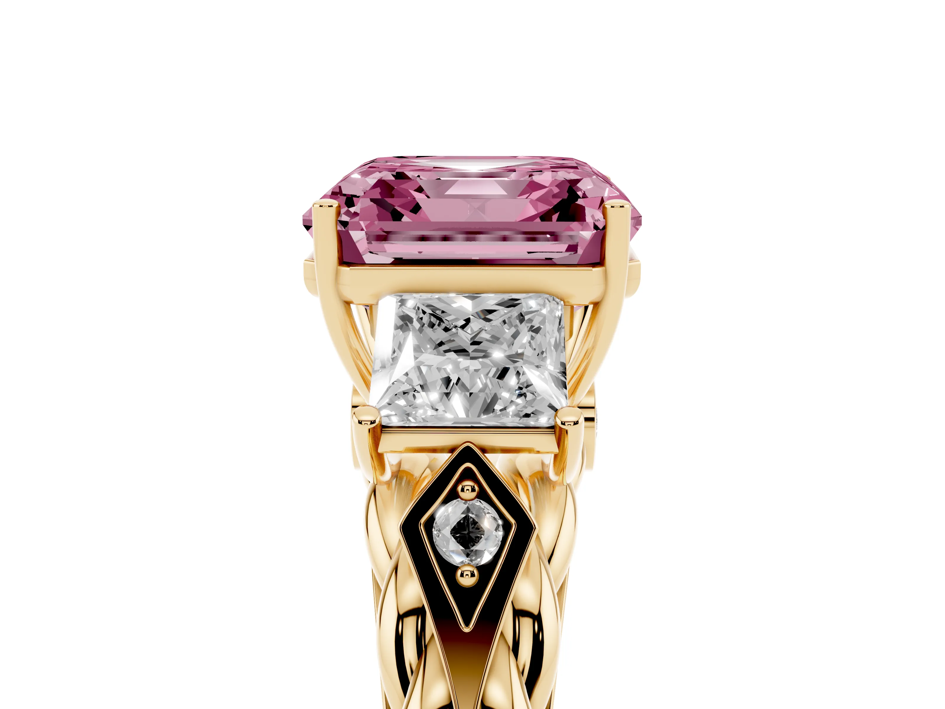 Fancy Pink Asscher Cut Diamond Three-Stone Ring Set in Yellow gold with Braided Band