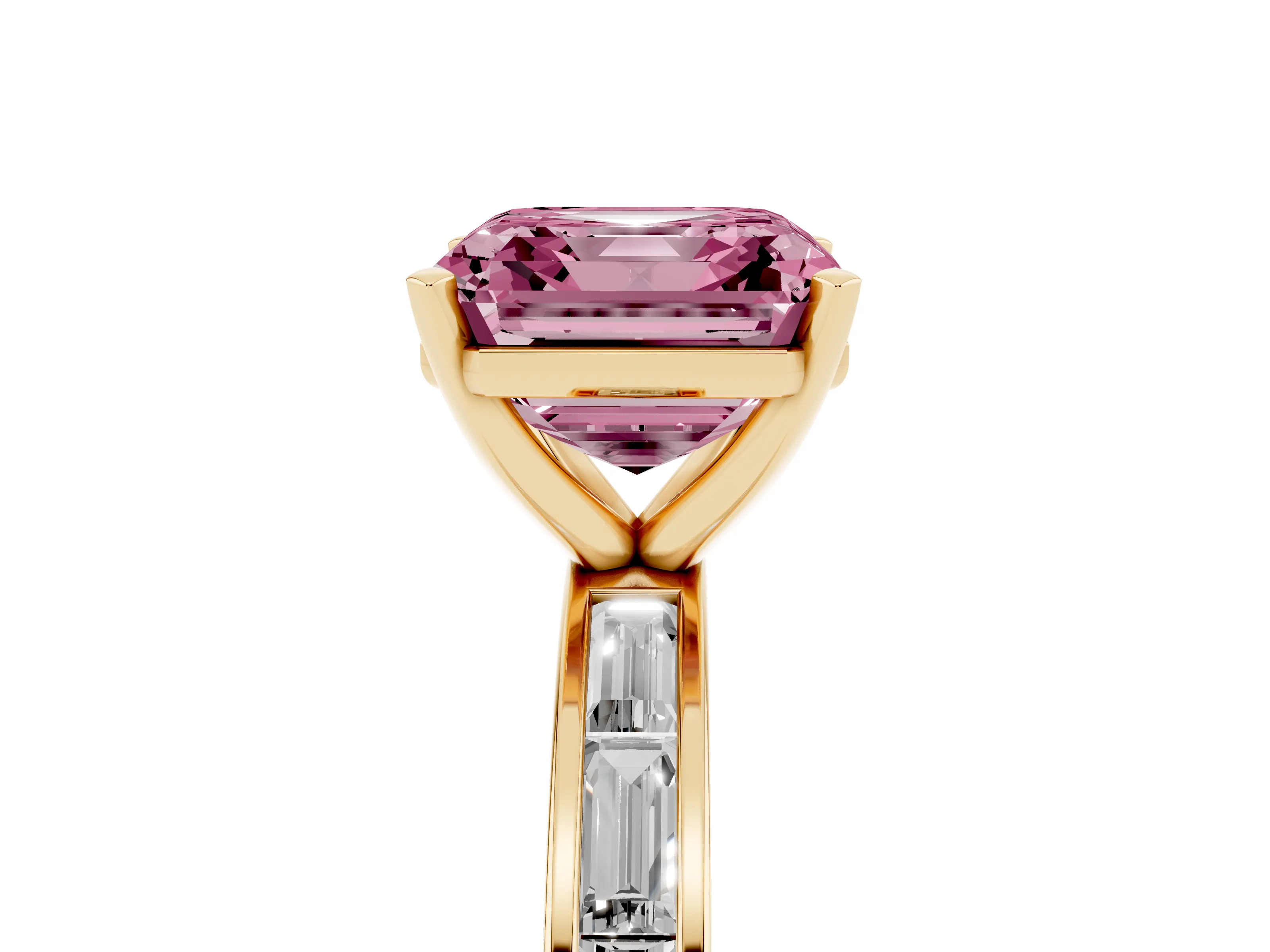 Fancy Pink Asscher Cut Diamond Solitaire Ring Set in Yellow gold with Channel-Set Baguette Band and Prong Setting