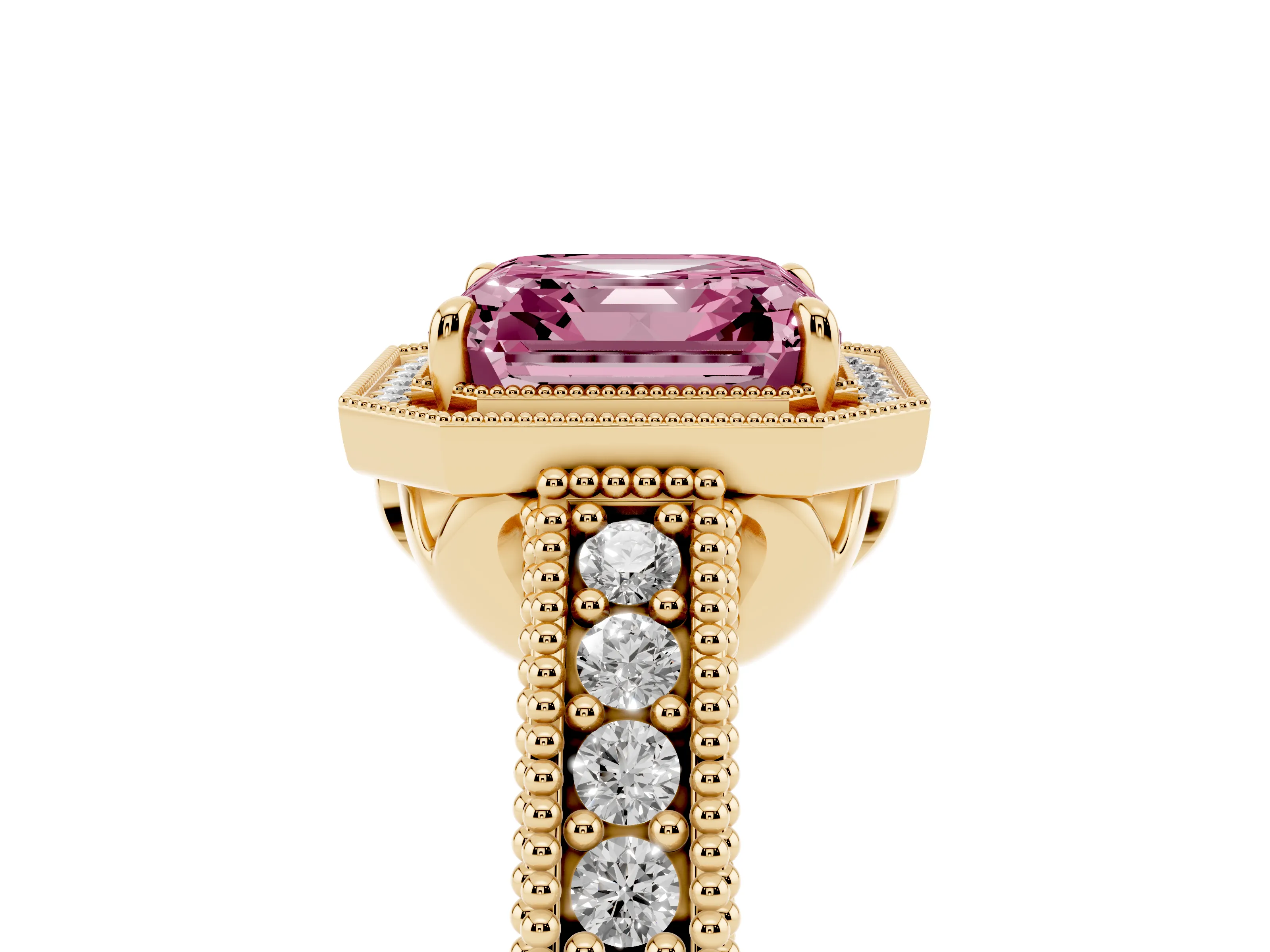 Fancy Pink Asscher Cut Diamond Halo Ring Set in Yellow gold with Round Accent Halo, Pavé Band and Prong Setting