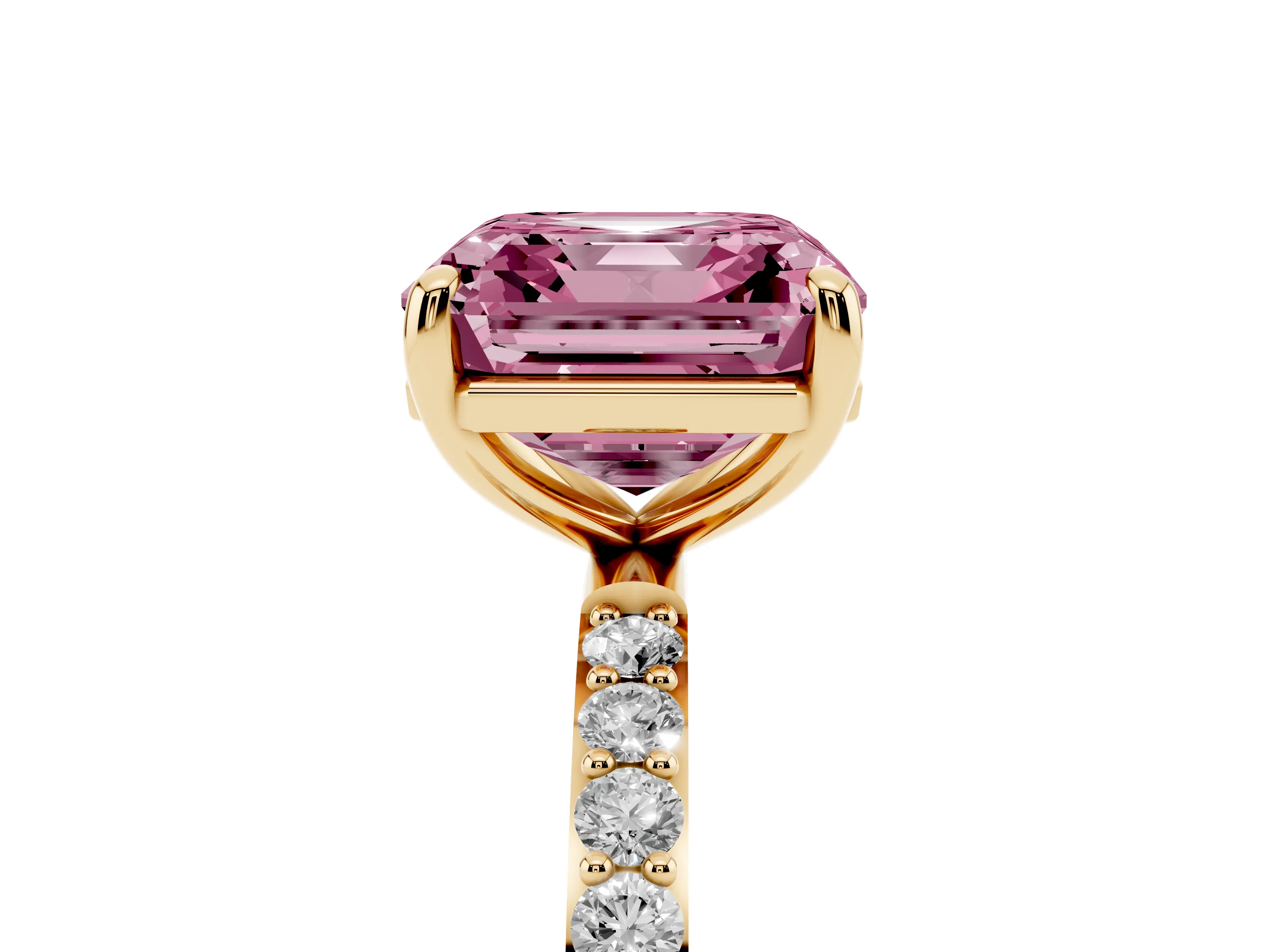 Fancy Pink Asscher Cut Diamond Solitaire Ring Set in Yellow gold with Round Pavé Band and Prong Setting