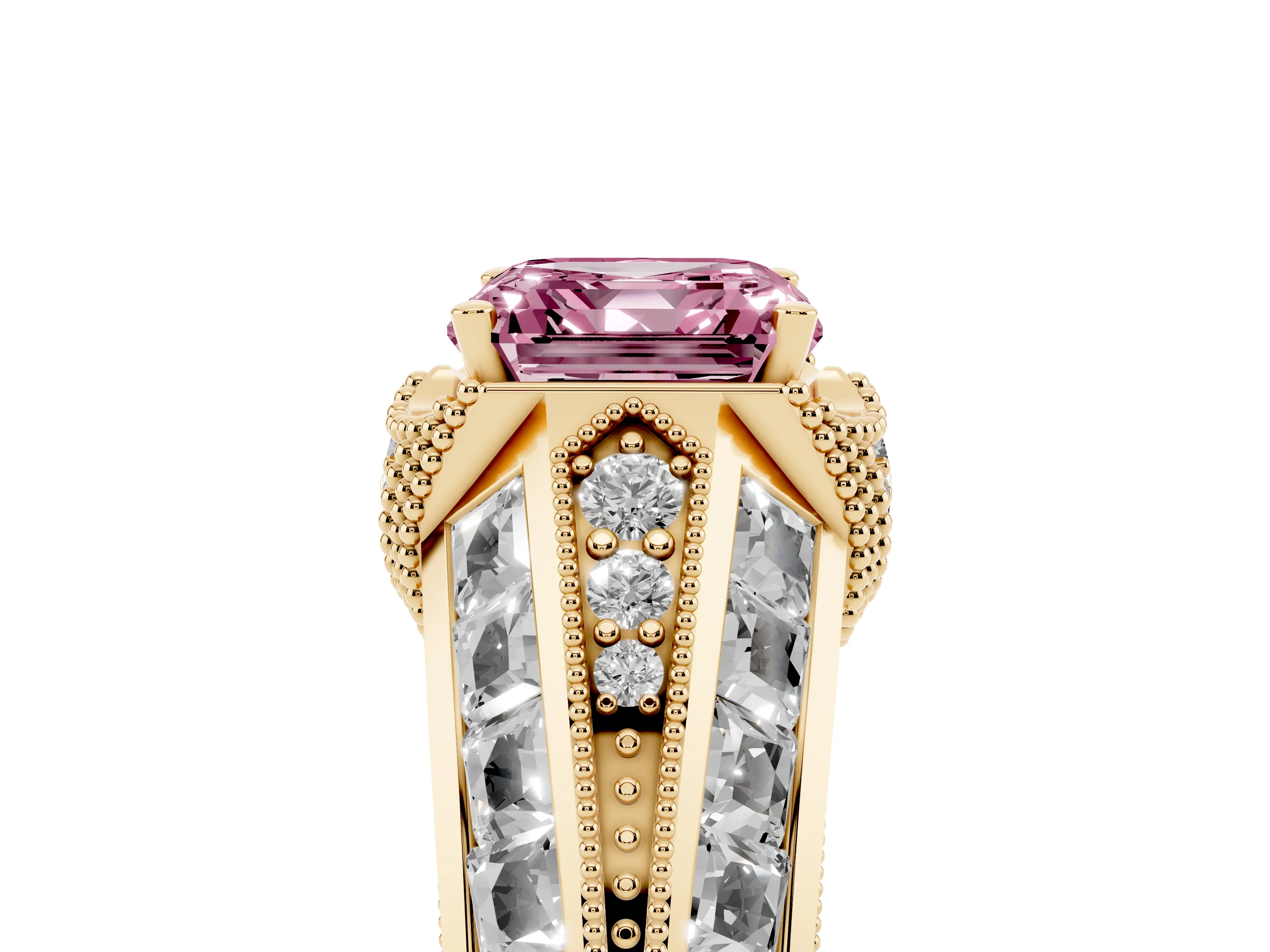 Fancy Pink Asscher Cut Diamond Vintage-Inspired Milgrain Ring Set in Yellow gold with Accent Split Shank