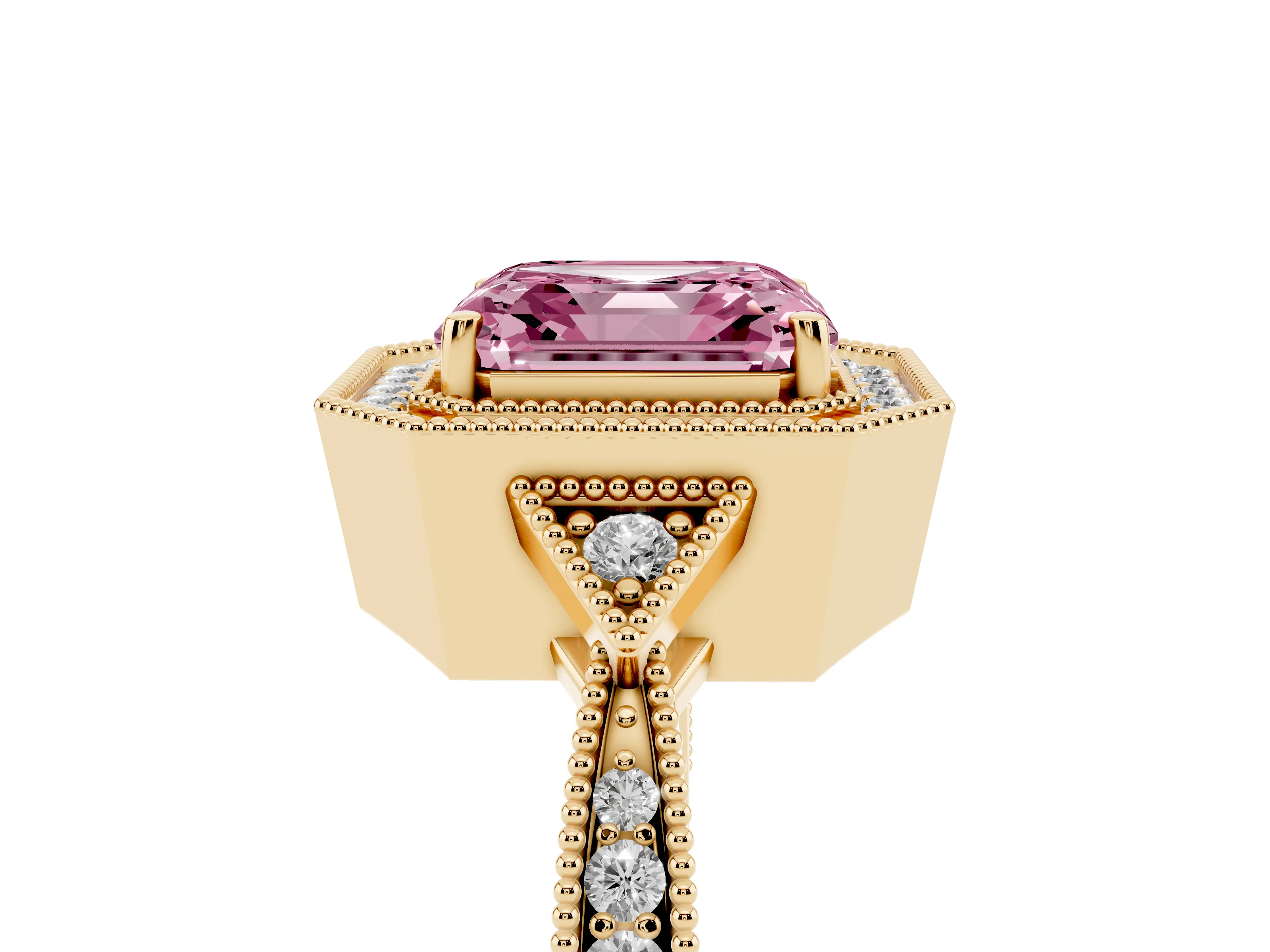 Fancy Pink Asscher Cut Diamond Halo Engagement Ring Set in Yellow gold with Milgrain Pavé Band
