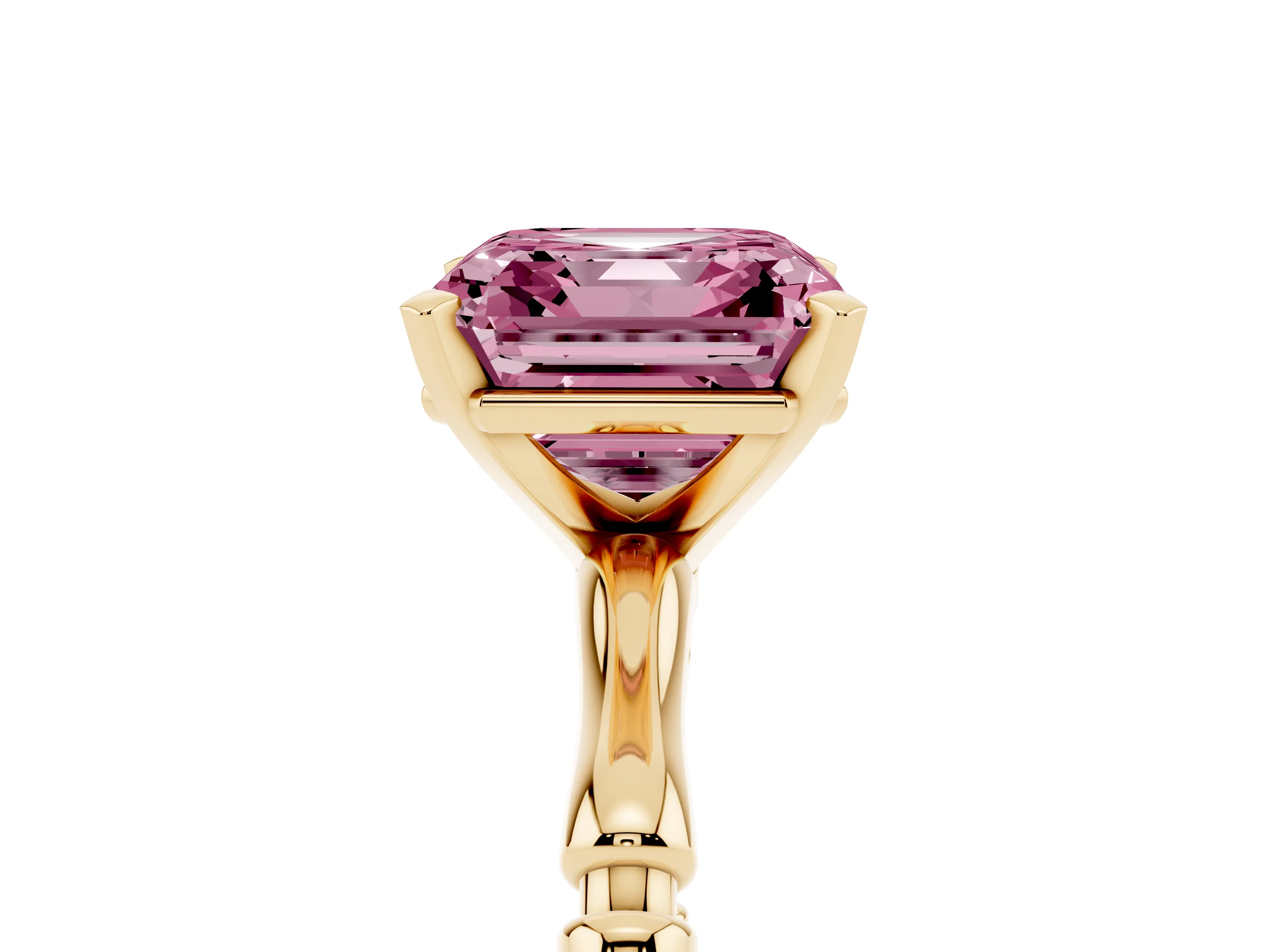 Fancy Pink Asscher Cut Diamond Solitaire Ring Set in Yellow gold with Bamboo Band and Prong Setting