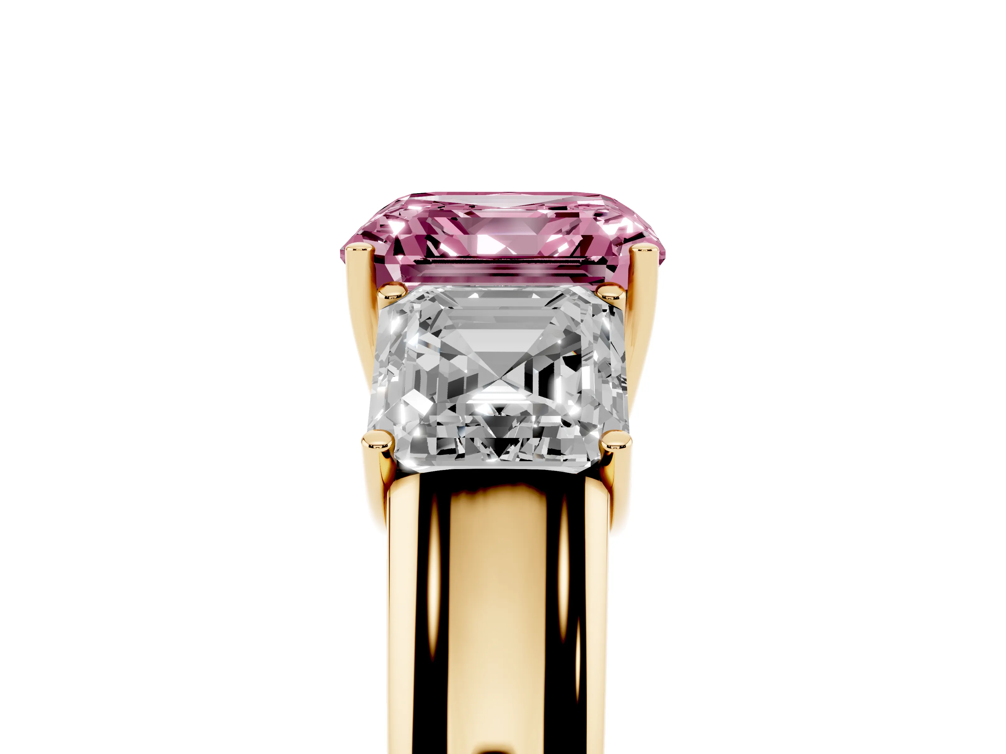 Fancy Pink Three-Stone Asscher Cut Diamond Ring Set in Yellow gold with Matching Prong Settings and Plain Band