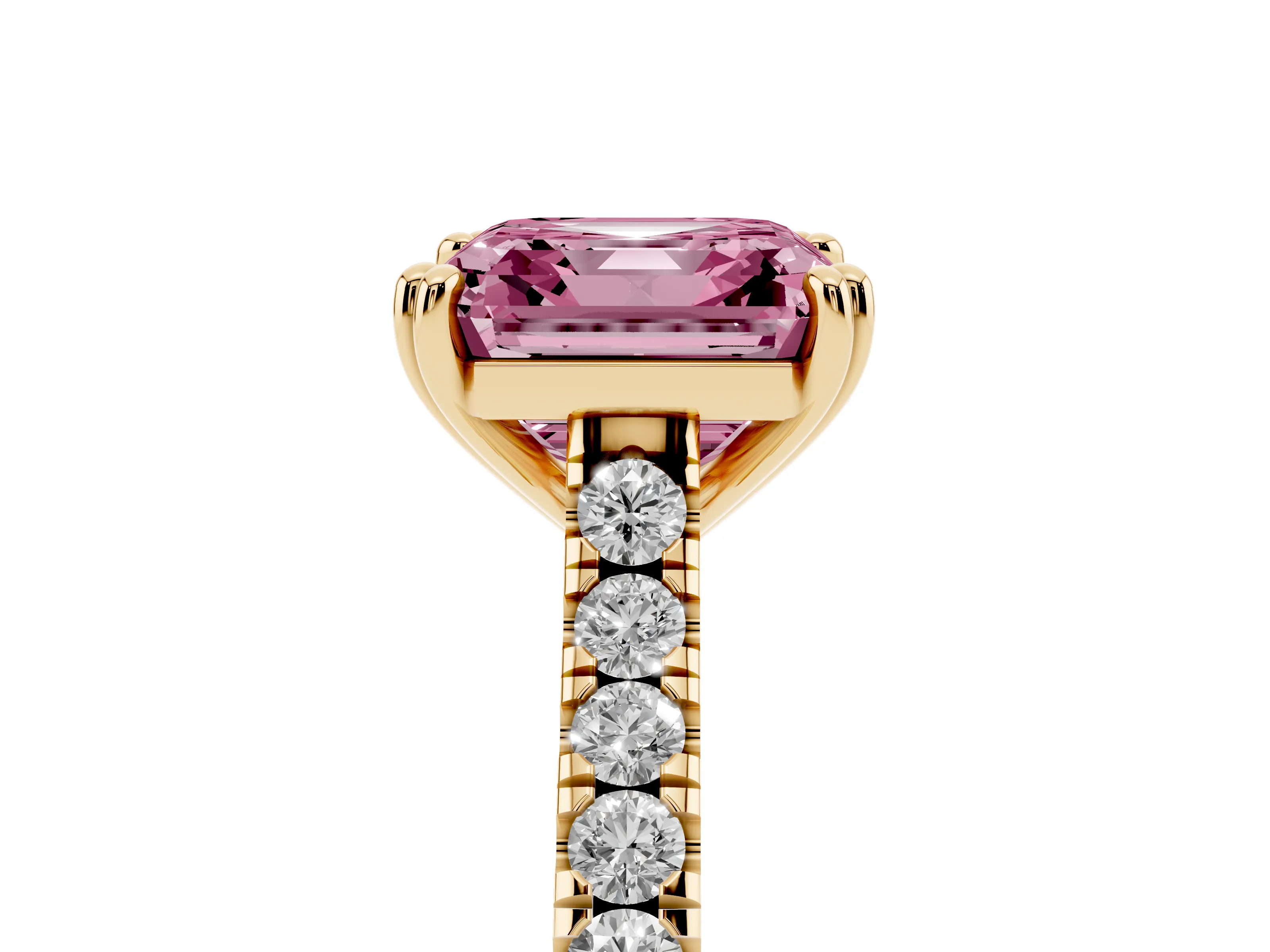 Fancy Pink Asscher Cut Diamond Solitaire Engagement Ring Set in Yellow gold with Pavé Accents and Prong Setting