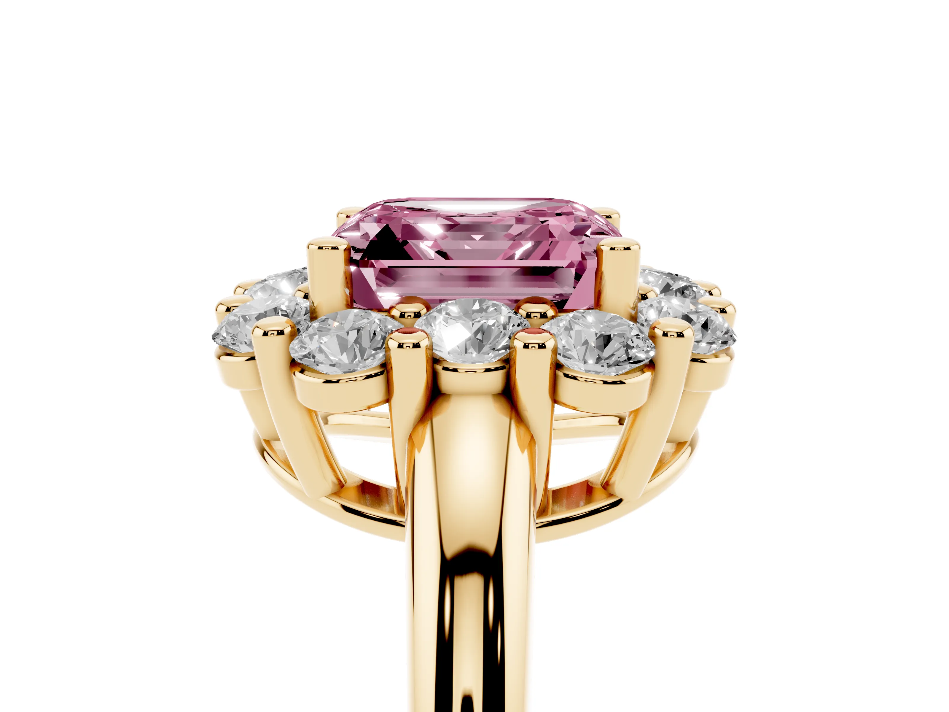 Fancy Pink Asscher Cut Diamond Halo Cluster Engagement Ring Set in Yellow gold with Polished Band and Prong Setting