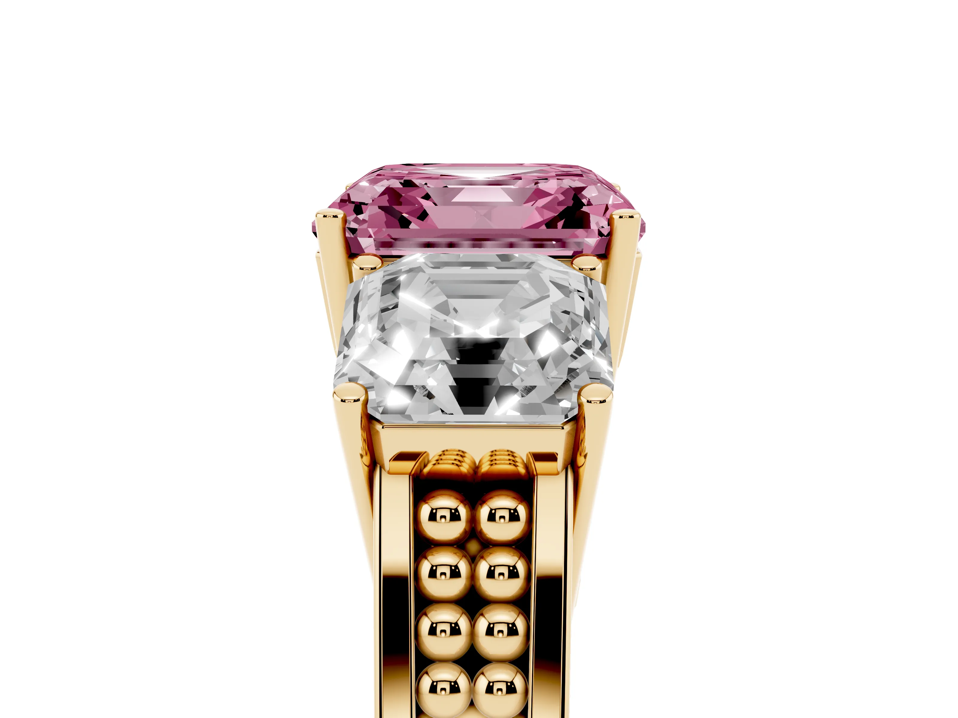 Fancy Pink Asscher Cut Diamond Three-Stone Ring Set in Yellow gold with Textured Band