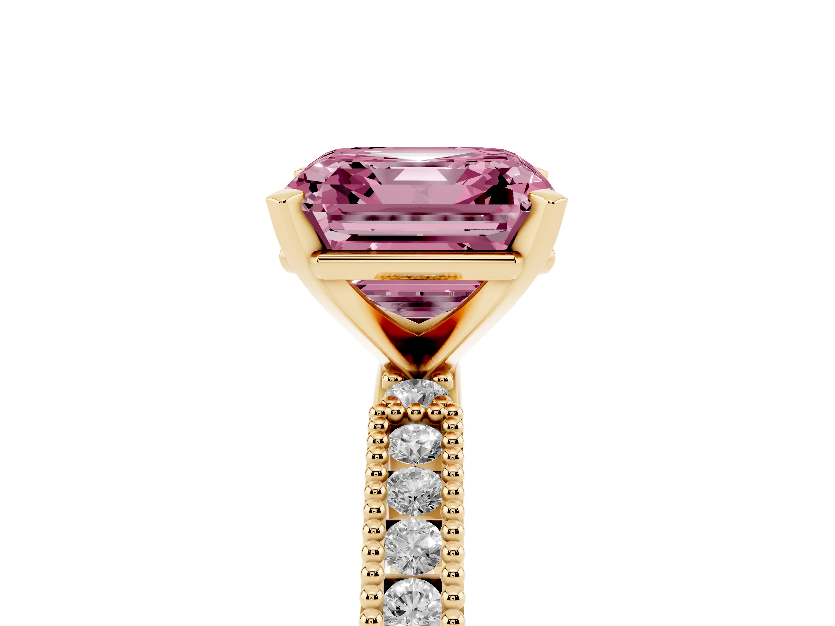 Fancy Pink Asscher Cut Diamond Solitaire Ring Set in Yellow gold with Slim Pavé Band and Prong Setting