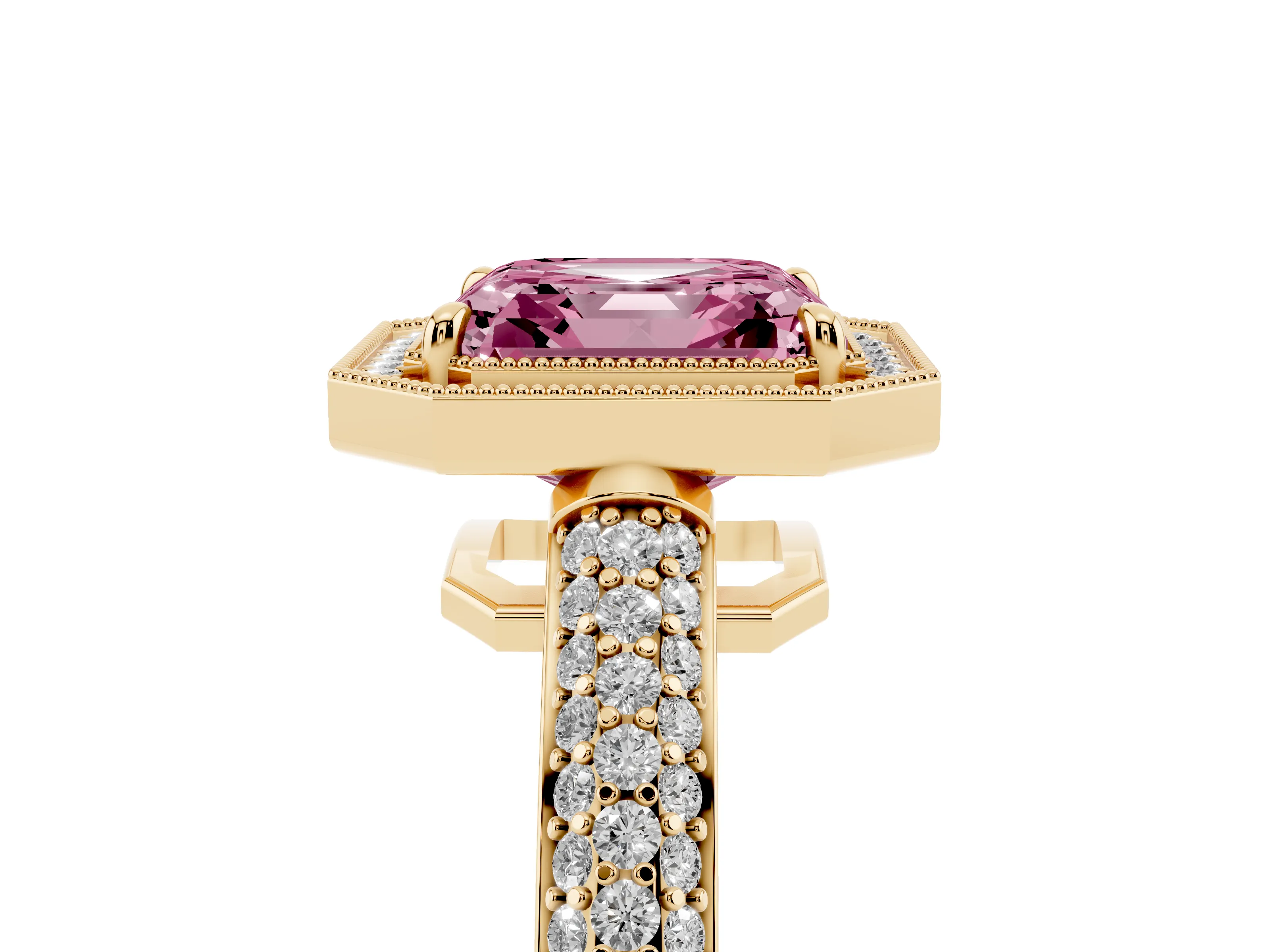 Fancy Pink Asscher Cut Diamond Halo Pavé Band Set in Yellow gold with Prong Setting
