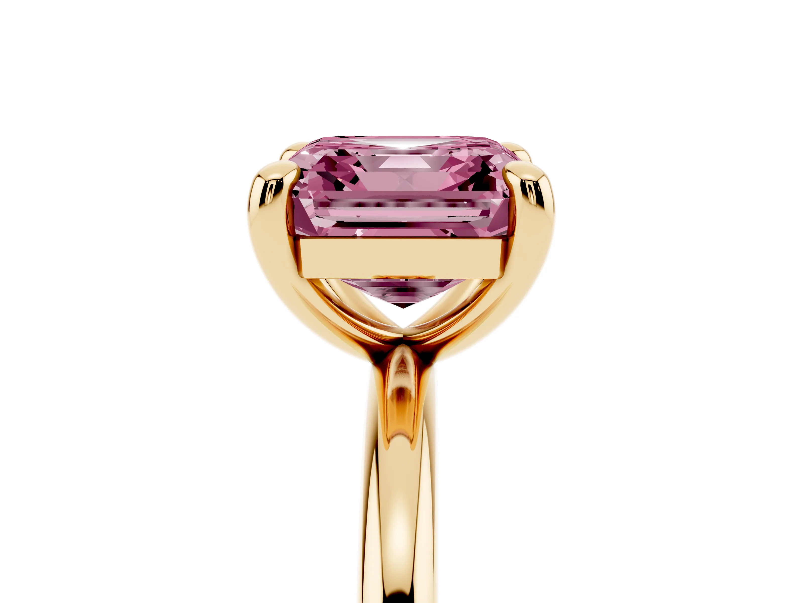 Fancy Pink Asscher Cut Diamond Solitaire Ring Set in Yellow gold with Prong Setting on a Polished Plain Band